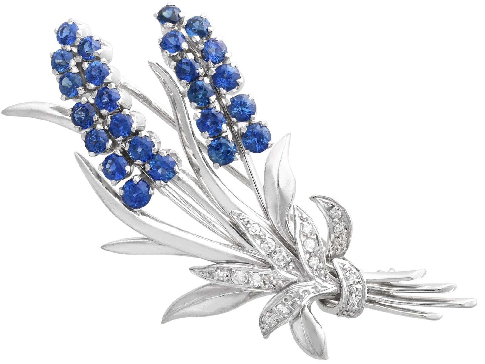 Vintage 2.02ct Sapphire & 0.28ct Diamond, 18k White Gold Brooch 1968 (1 of 11)