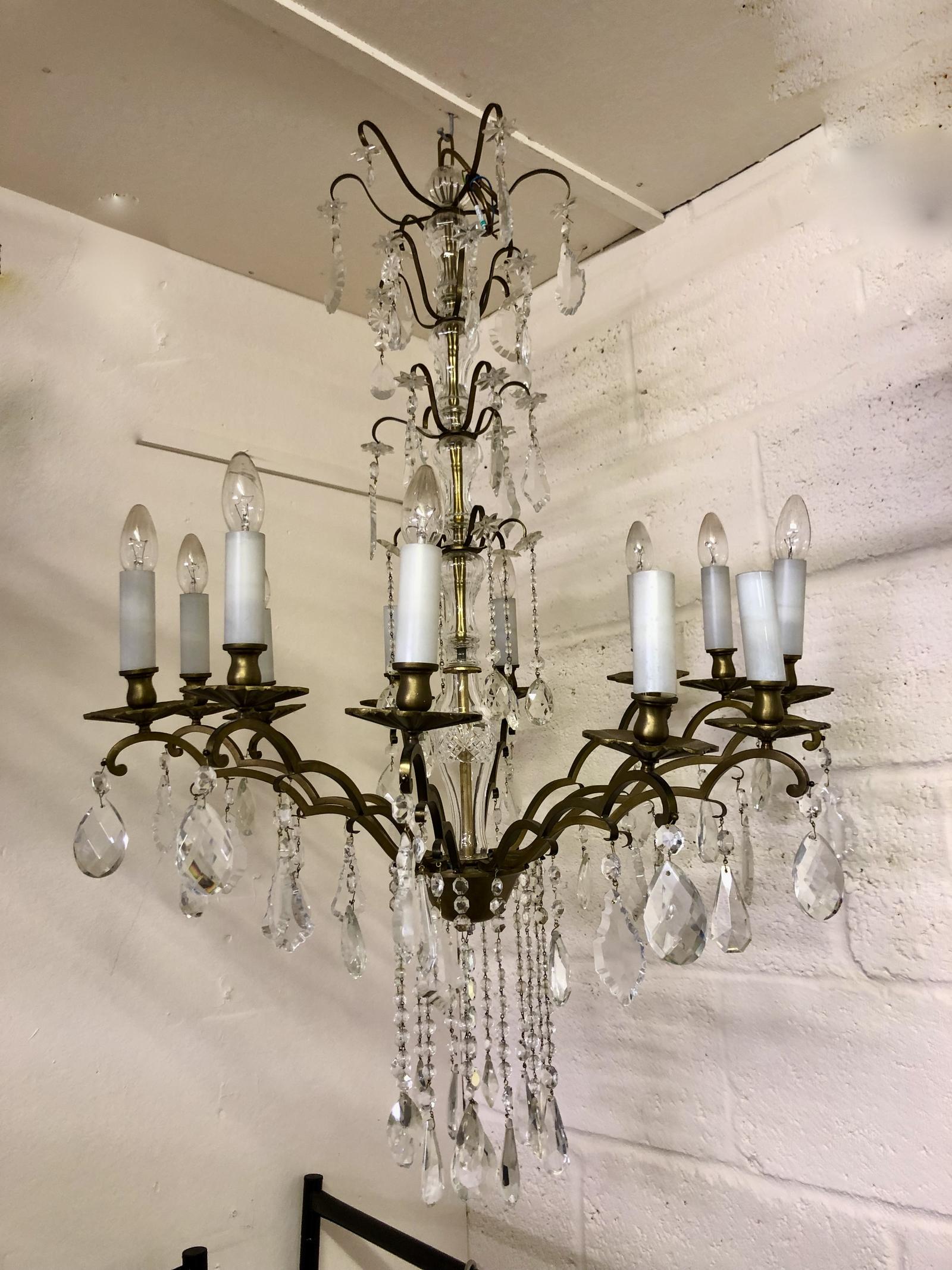 Large 12 Light French Brass and Crystal Antique Chandelier (1 of 1)