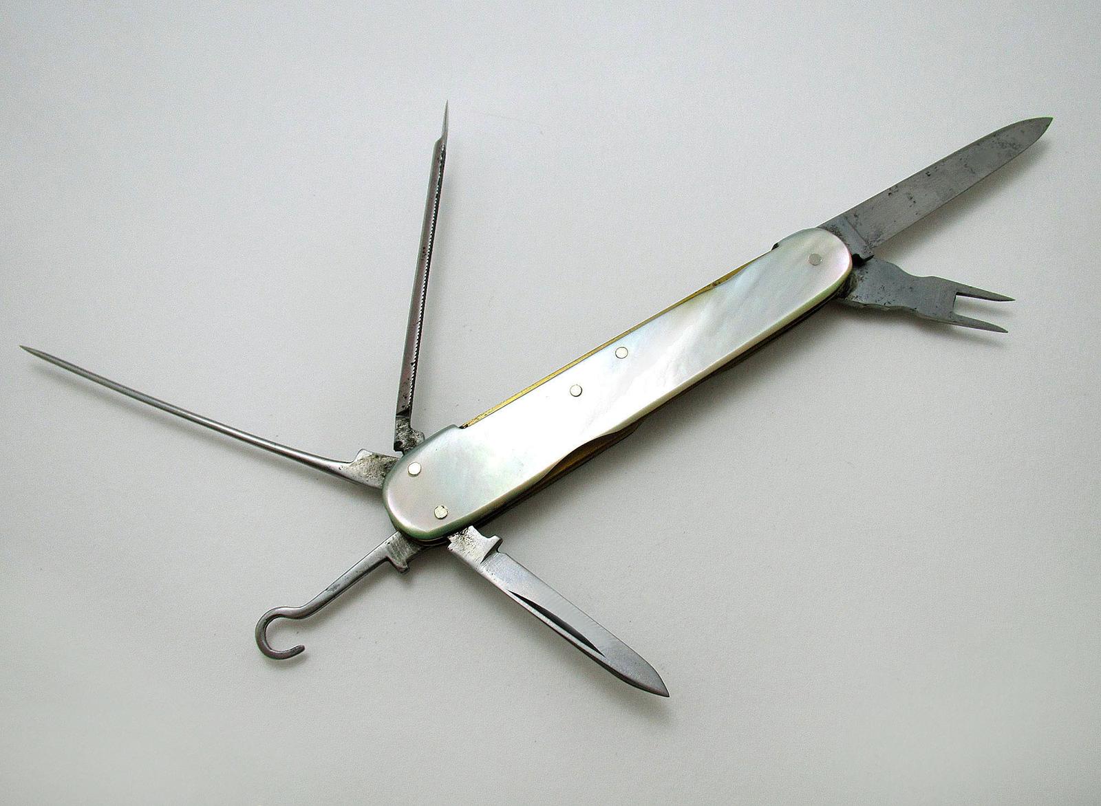 Sheffield JH Potter Victorian Antique Pocket Multi Tool Folding Cigar Pipe Smoker Knife Penknife, Mother of Pearl, Carbon Steel c.1890 (1 of 10)