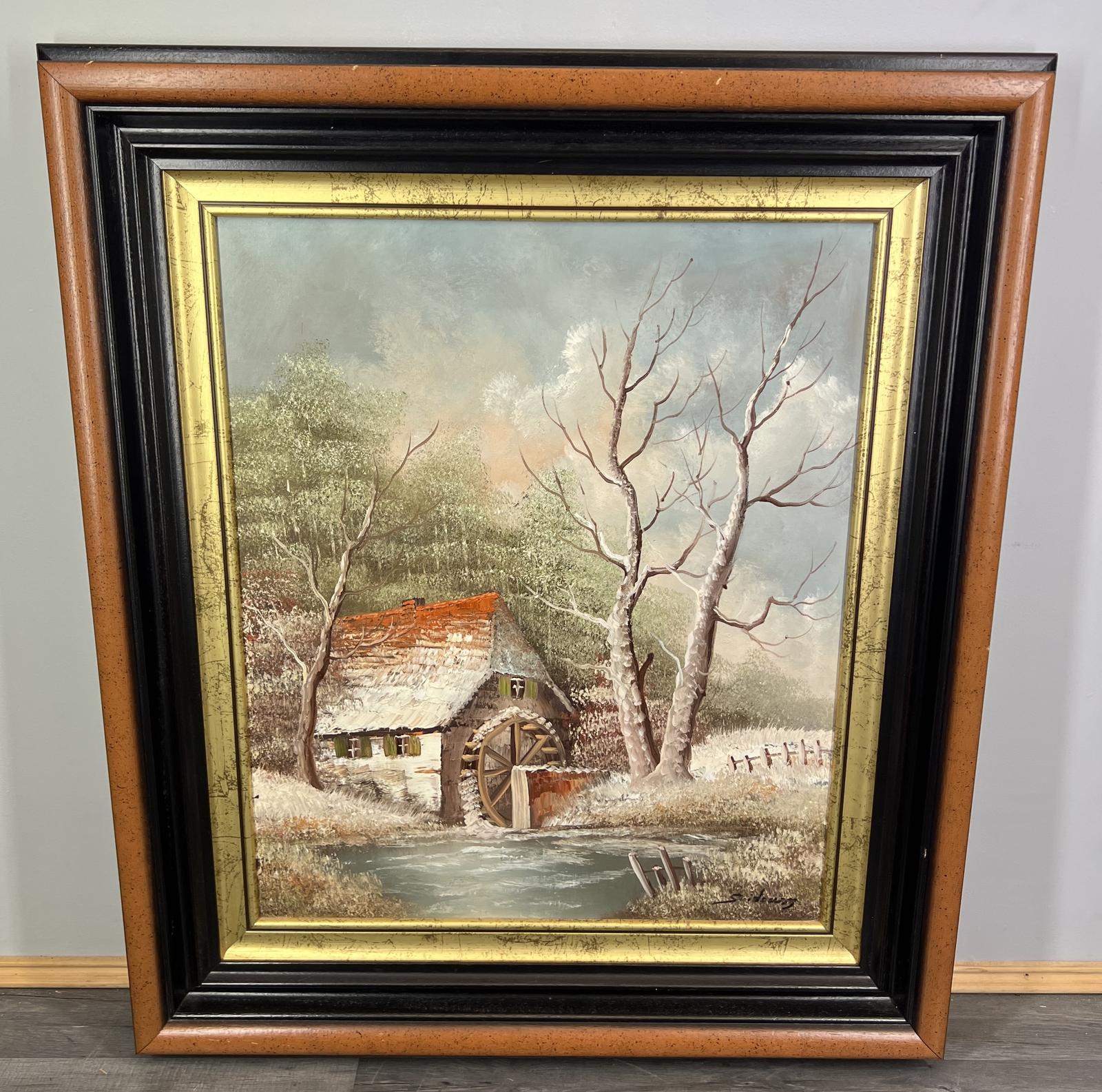 Vintage French Landscape Oil Painting River Mill Signed Sidney Framed (LOT 3873) (1 of 10)