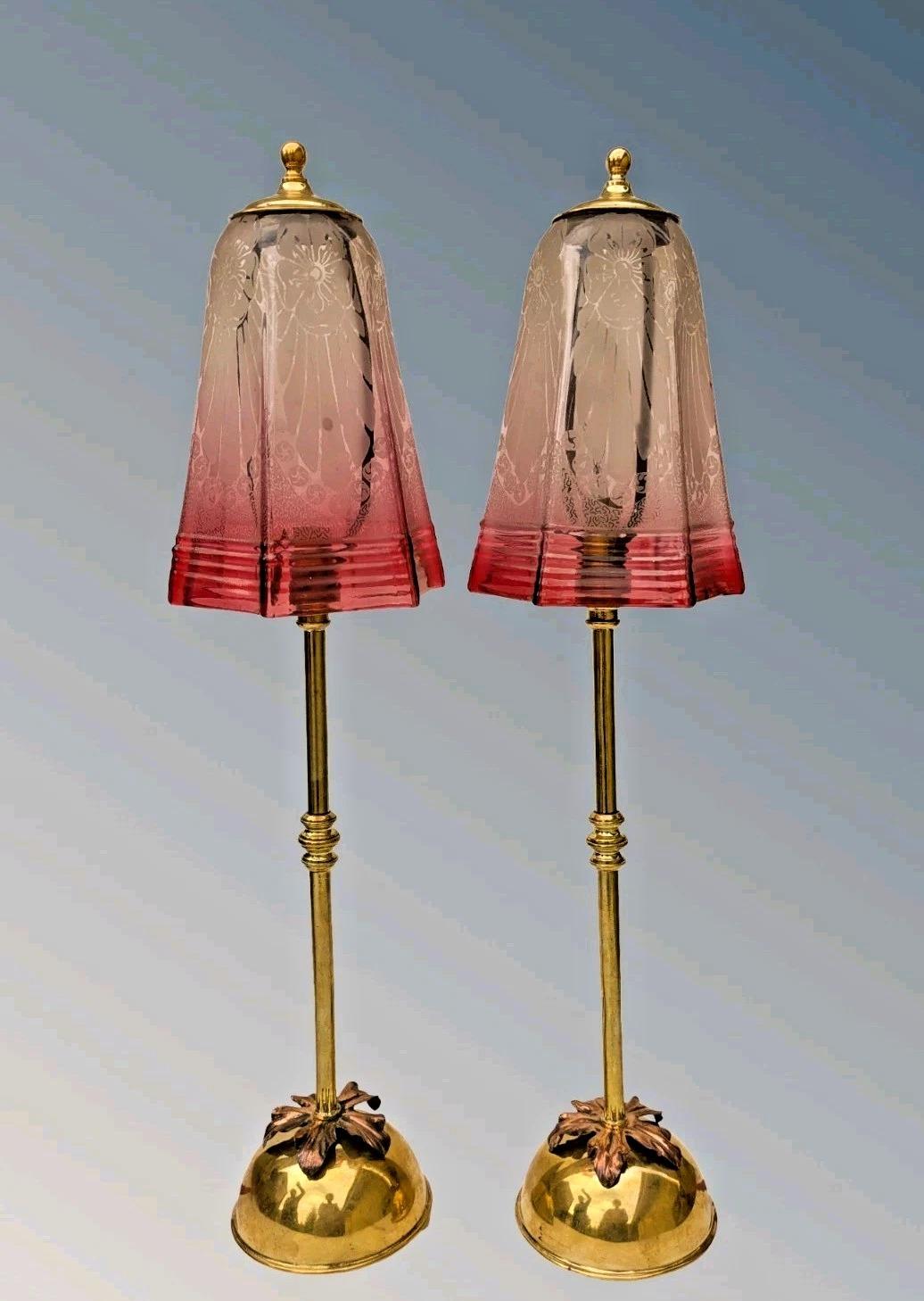 Pair Antique Brass Table Lamps Ruby Etched Glass Shades (1 of 10)