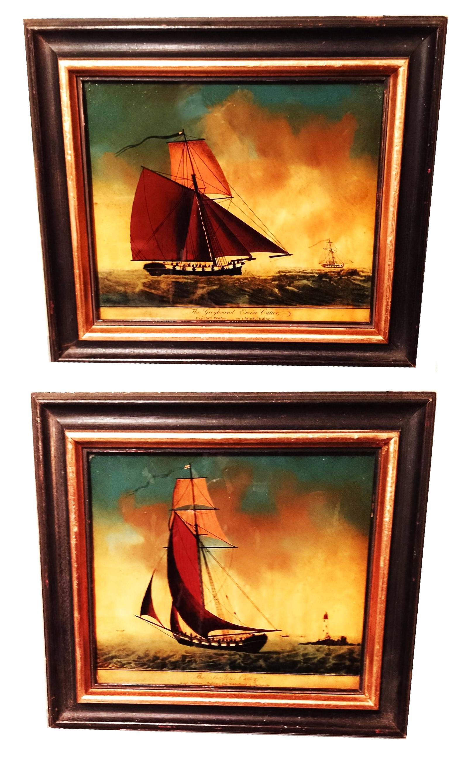 Pair Of Reverse Glass Marine Engravings - 18th Century Cutters (1 of 10) Pair Of Reverse Glass Marine Engravings - 18th Century Cutters (1 of 10)