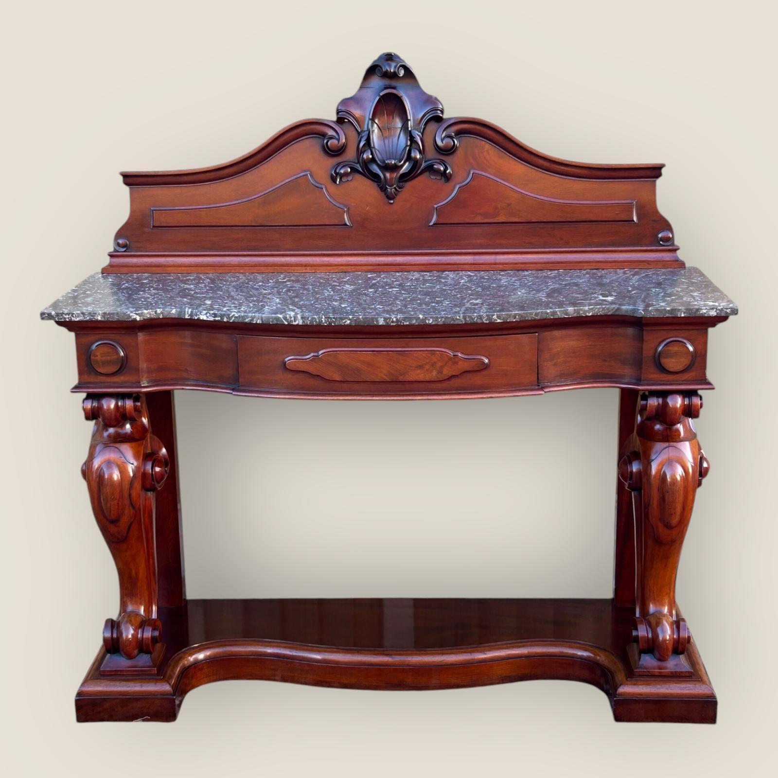 Antique Victorian Mahogany & Marble Topped Carved Console Wall Table with Drawer (1 of 9)