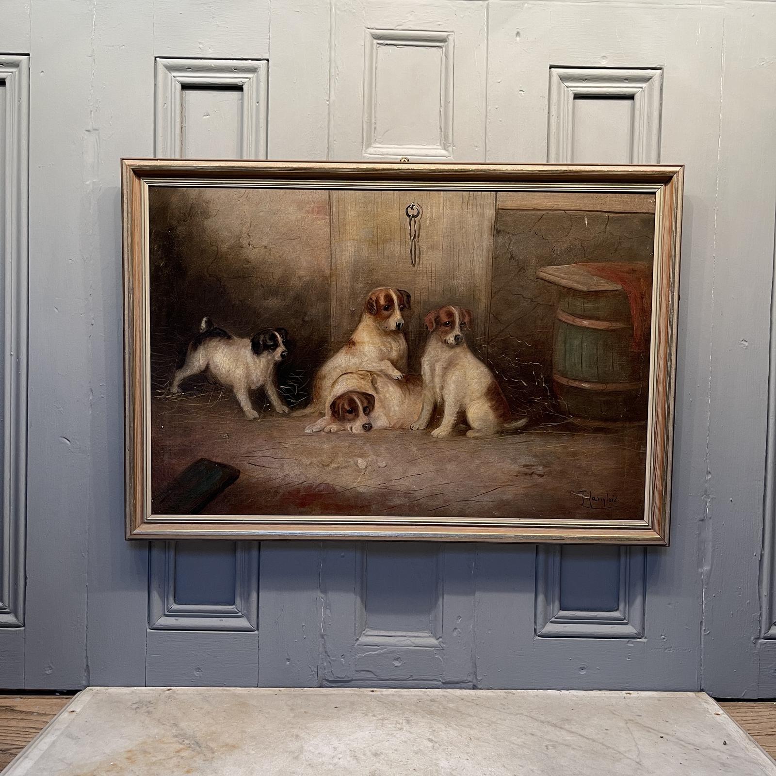 Large Antique Oil Painting Study of Terrier Dogs Signed J Langlois (1 of 2) (1 of 10)