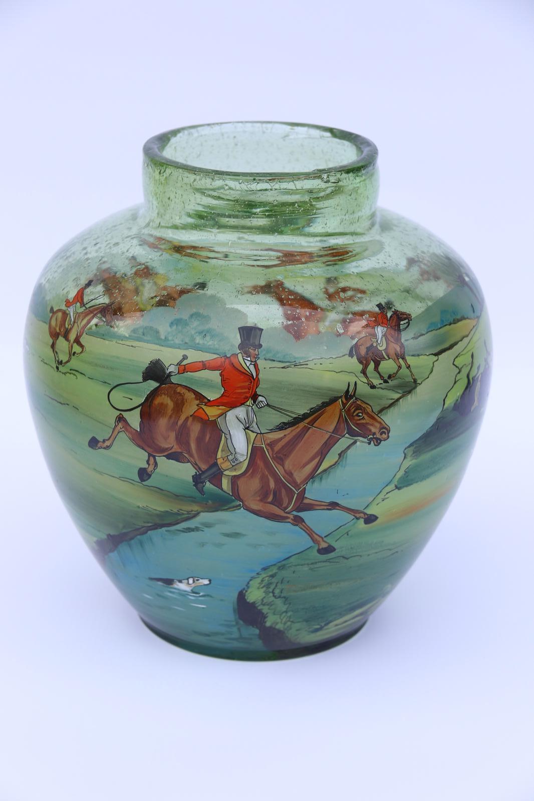 Hand Blown Green Glass and Enamel Vase of a Fox Hunting Scene, c.1920 (1 of 35)