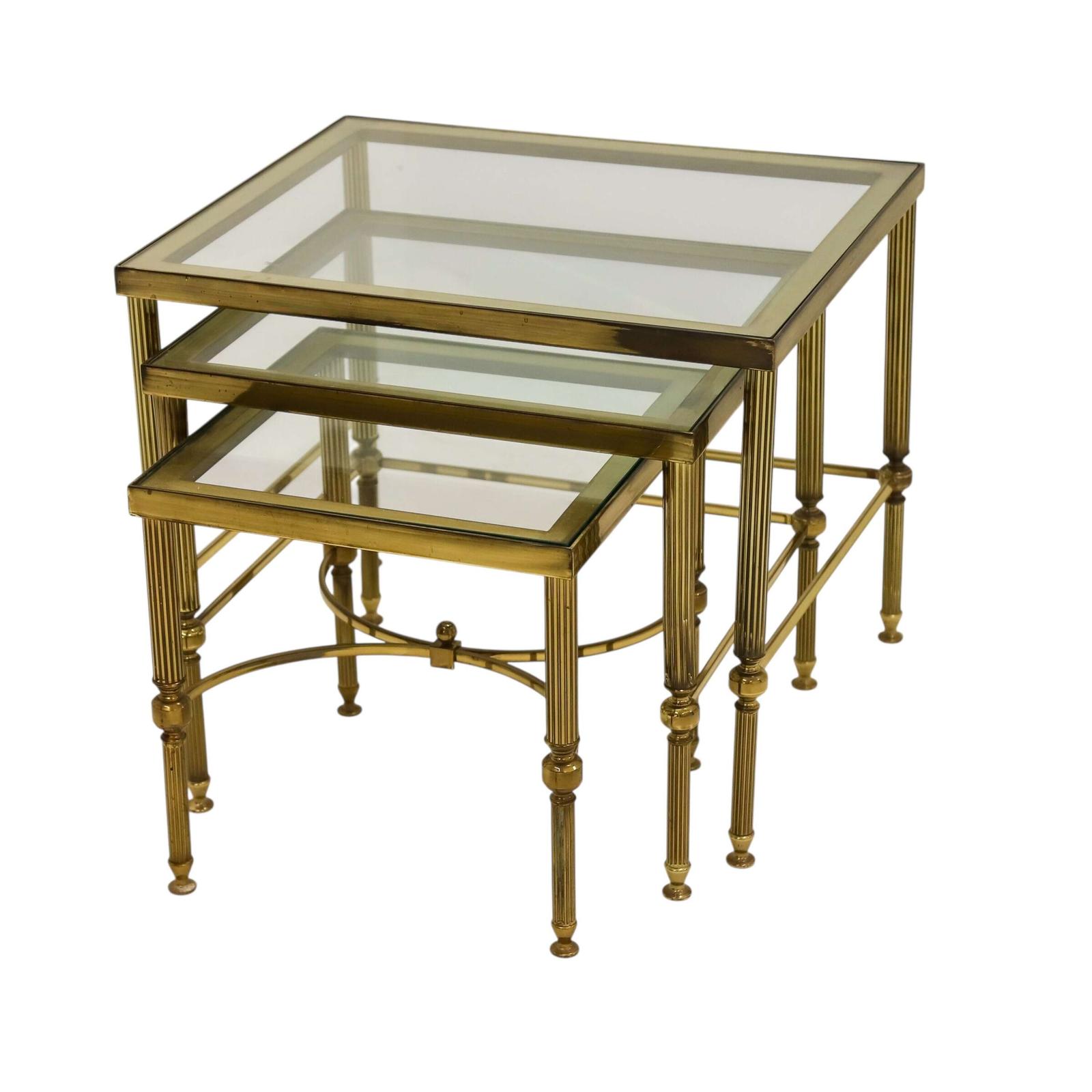Maison Jansen Nest of Tables Hollywood  Regency Nest of Three Brass Glass Tables (1 of 9)