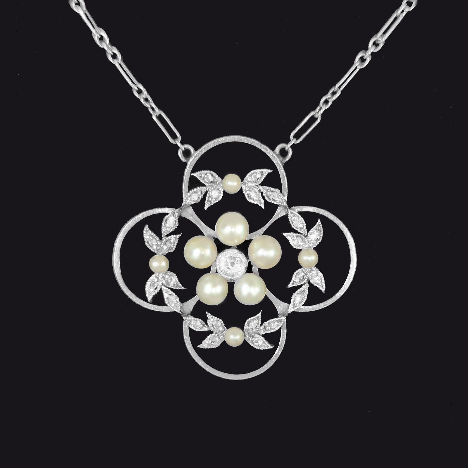 Edwardian Platinum Diamond and Pearl Art Nouveau Necklace, Antique Circa 1910 (1 of 8) Edwardian Platinum Diamond and Pearl Art Nouveau Necklace, Antique Circa 1910 (1 of 8)