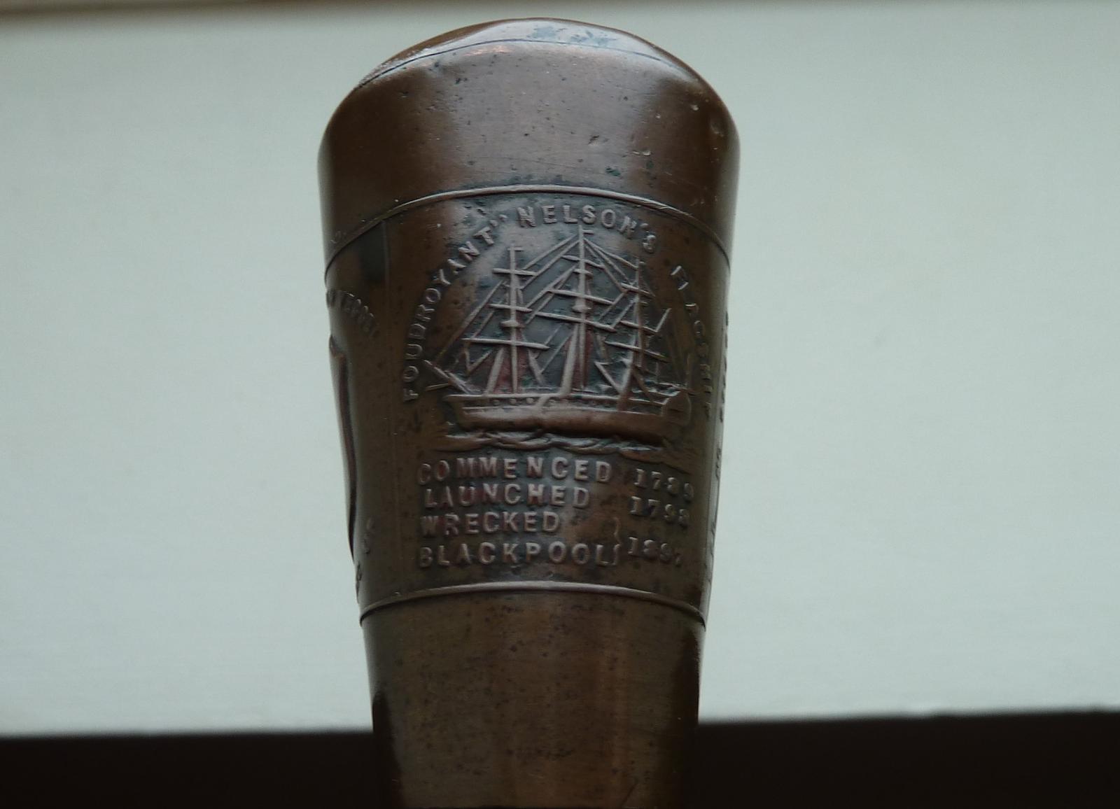 A WALKING STICK AND COIN MADE FROM THE SAVAGED REMAINS A NELSONS FIRST FLAGSHIP THE FOUDROYANT (1 of 10)