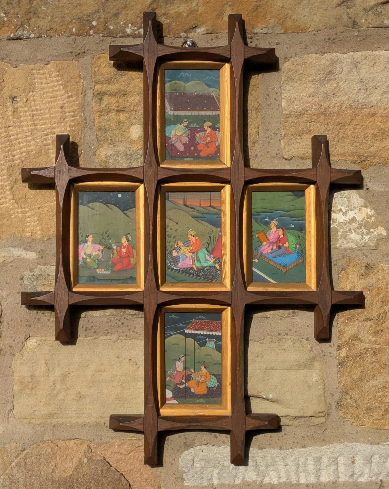 Mughal School Original Gouache Painting Courtly Lovers in Cruciform Frame (1 of 8)