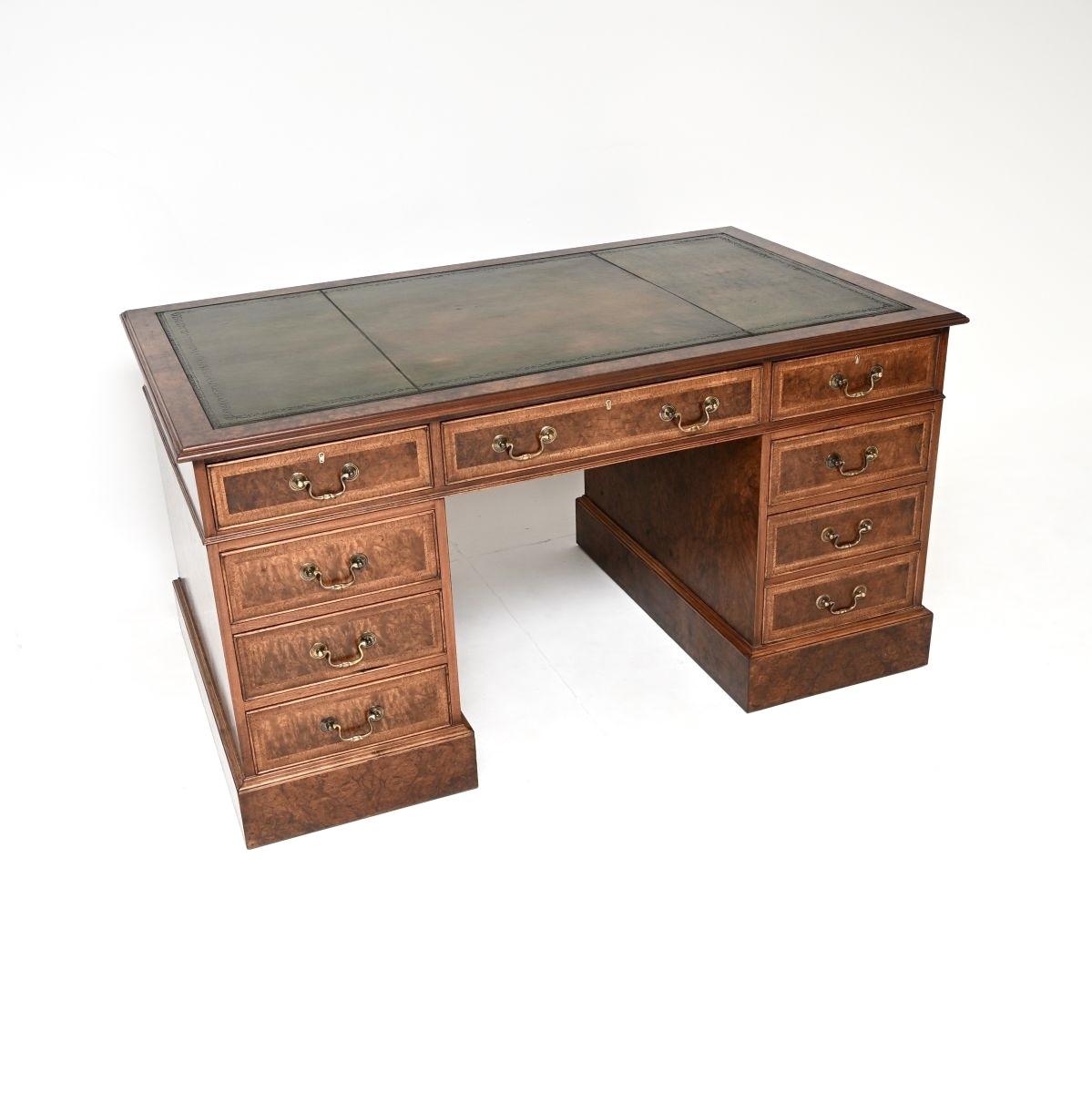 Burr Walnut Leather Top Pedestal Desk (1 of 10) Burr Walnut Leather Top Pedestal Desk (1 of 10)