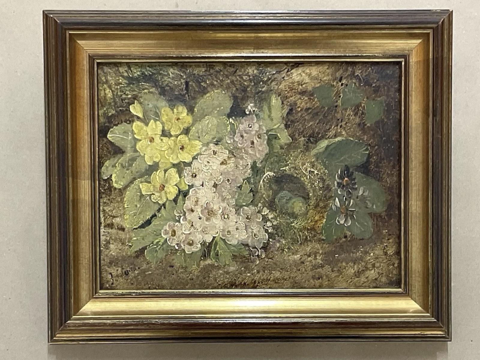 Victorian Oil On Canvas Painting Of Primroses and Birds Nest Antique C1880 (1 of 5) Victorian Oil On Canvas Painting Of Primroses and Birds Nest Antique C1880 (1 of 5)