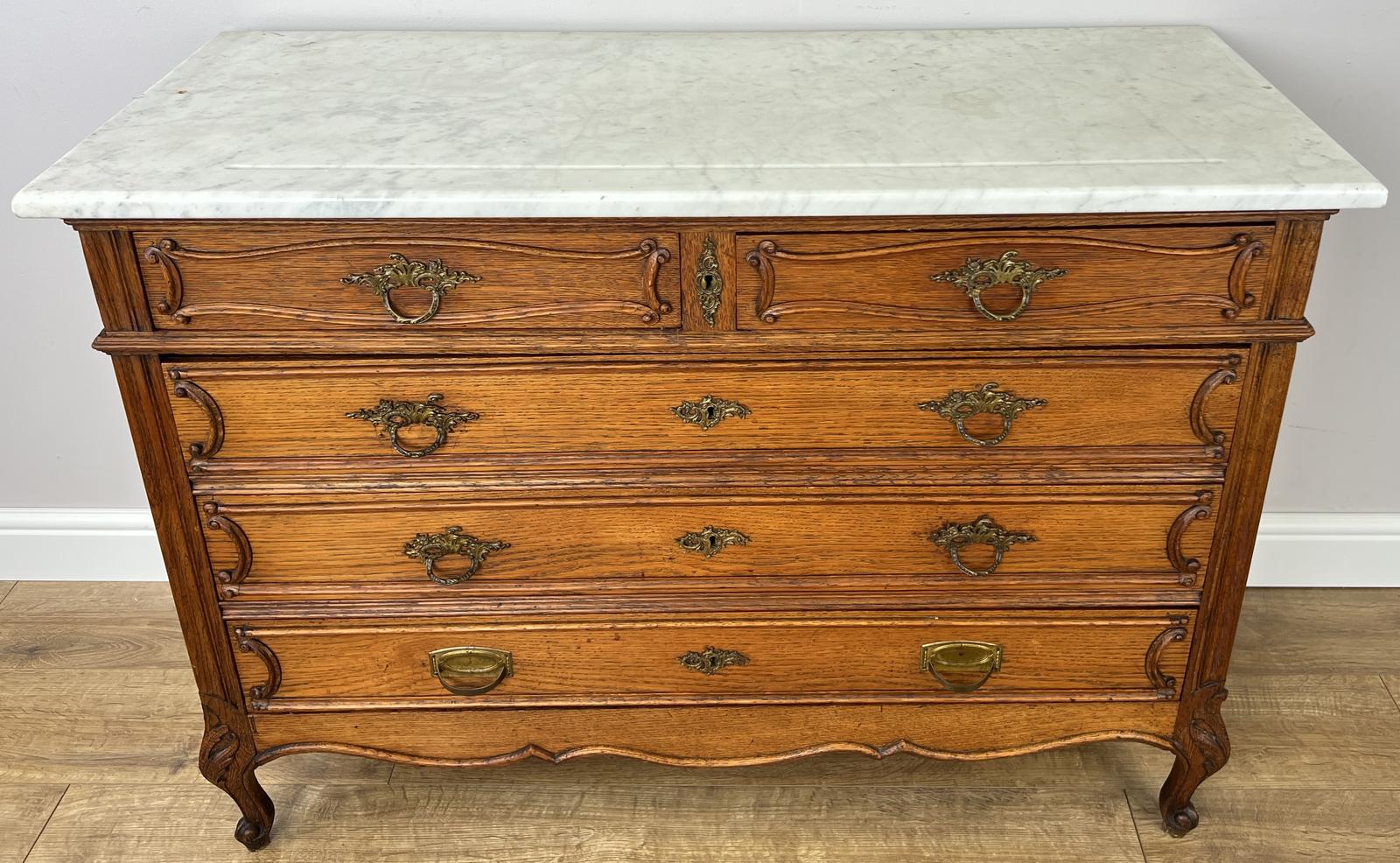 Chest of Drawers Antique French Oak Marble Top 5 Drawers Carved Cabinet (1 of 15) Chest of Drawers Antique French Oak Marble Top 5 Drawers Carved Cabinet (1 of 15)