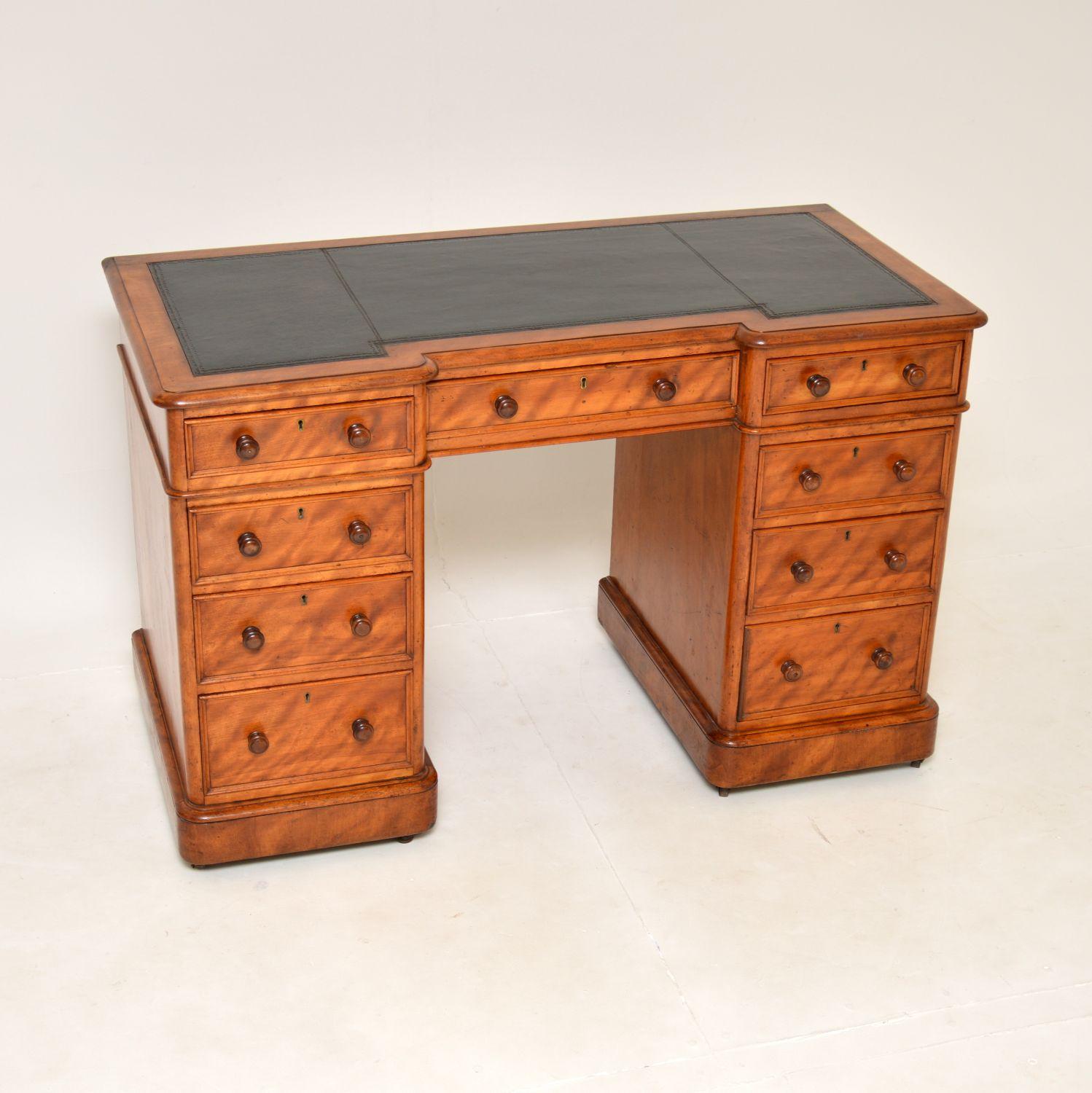 Antique Victorian Satinwood Leather Top Pedestal Desk (1 of 10)