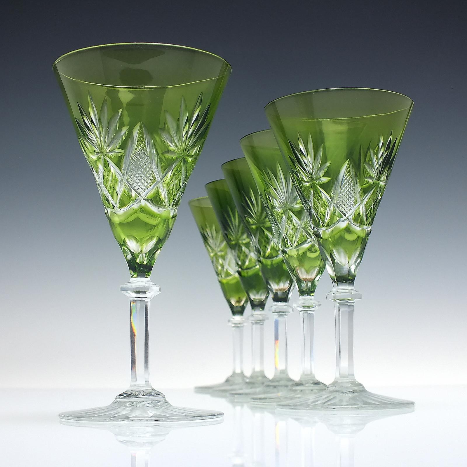 Six Val St Lambert Green Wine Glasses C1950 (1 of 6)