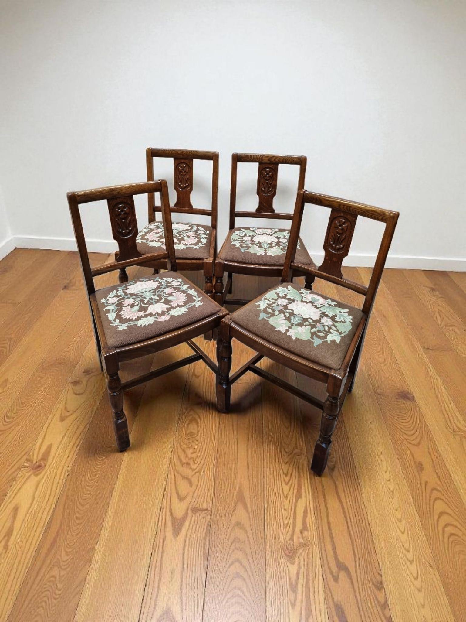 Vintage Art Deco Oak Dining Chairs / Tapestry Seats / Set of Four 1930-1940 (1 of 9)