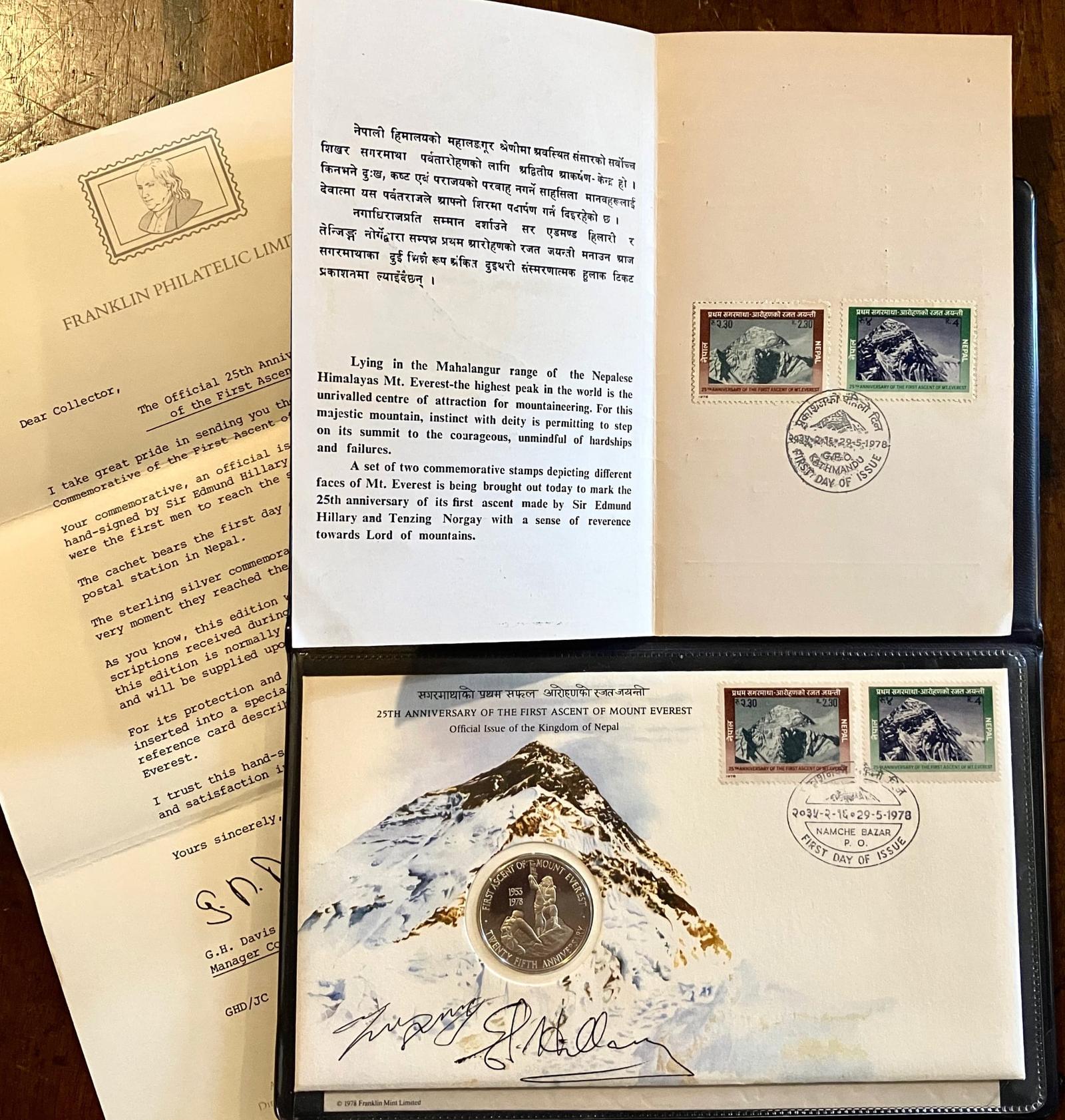 1978 Anniversary of First Ascent of Everest Silver Medal Stamps & Wallet Signed (1 of 5)