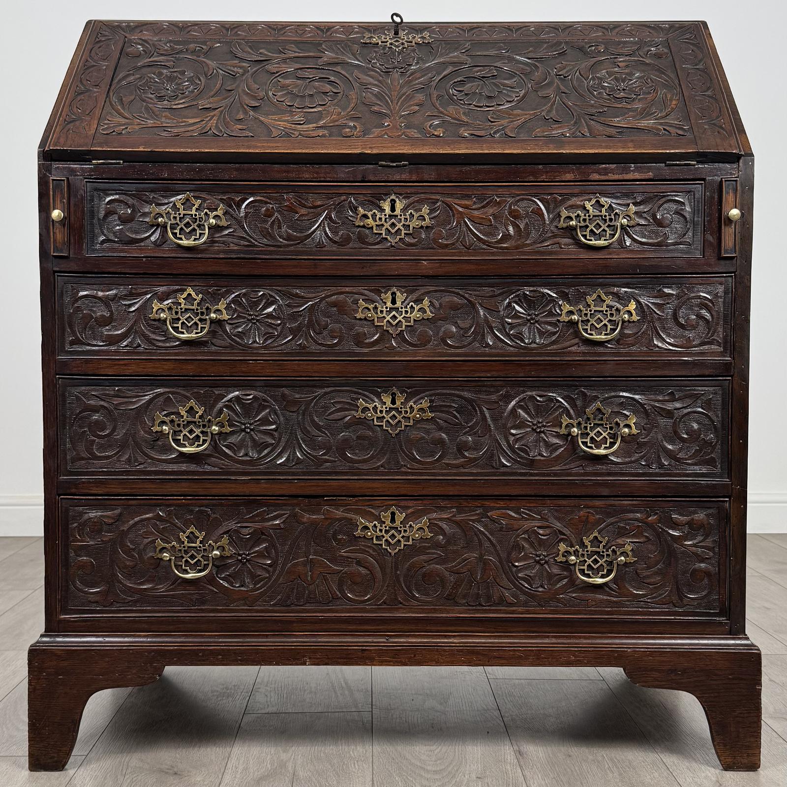 Antique 18th Century Heavily Carved Oak Bureau (1 of 13) Antique 18th Century Heavily Carved Oak Bureau (1 of 13)