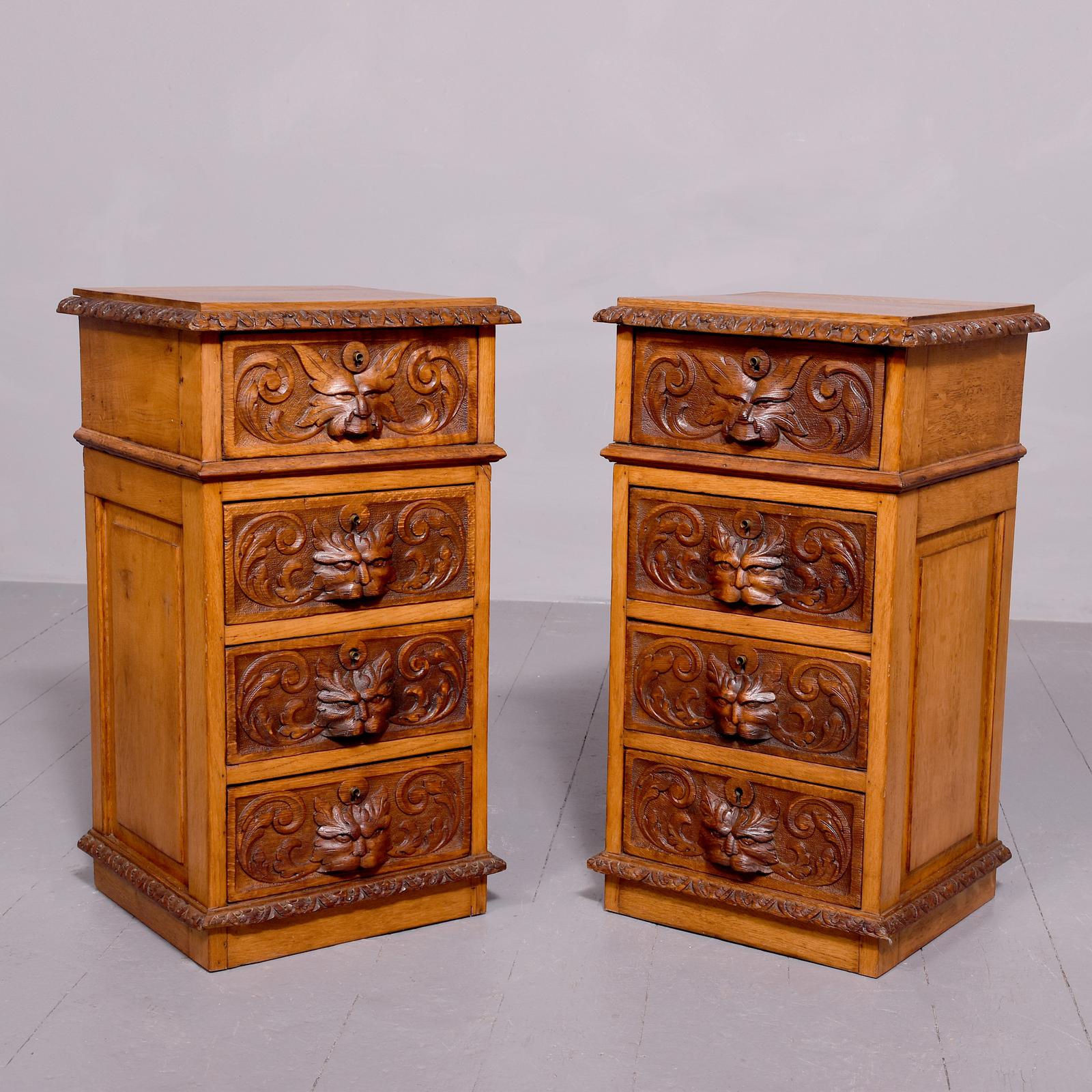 Pair of Victorian Flemish Green Man Carved Oak Bedside Lockers (1 of 13)