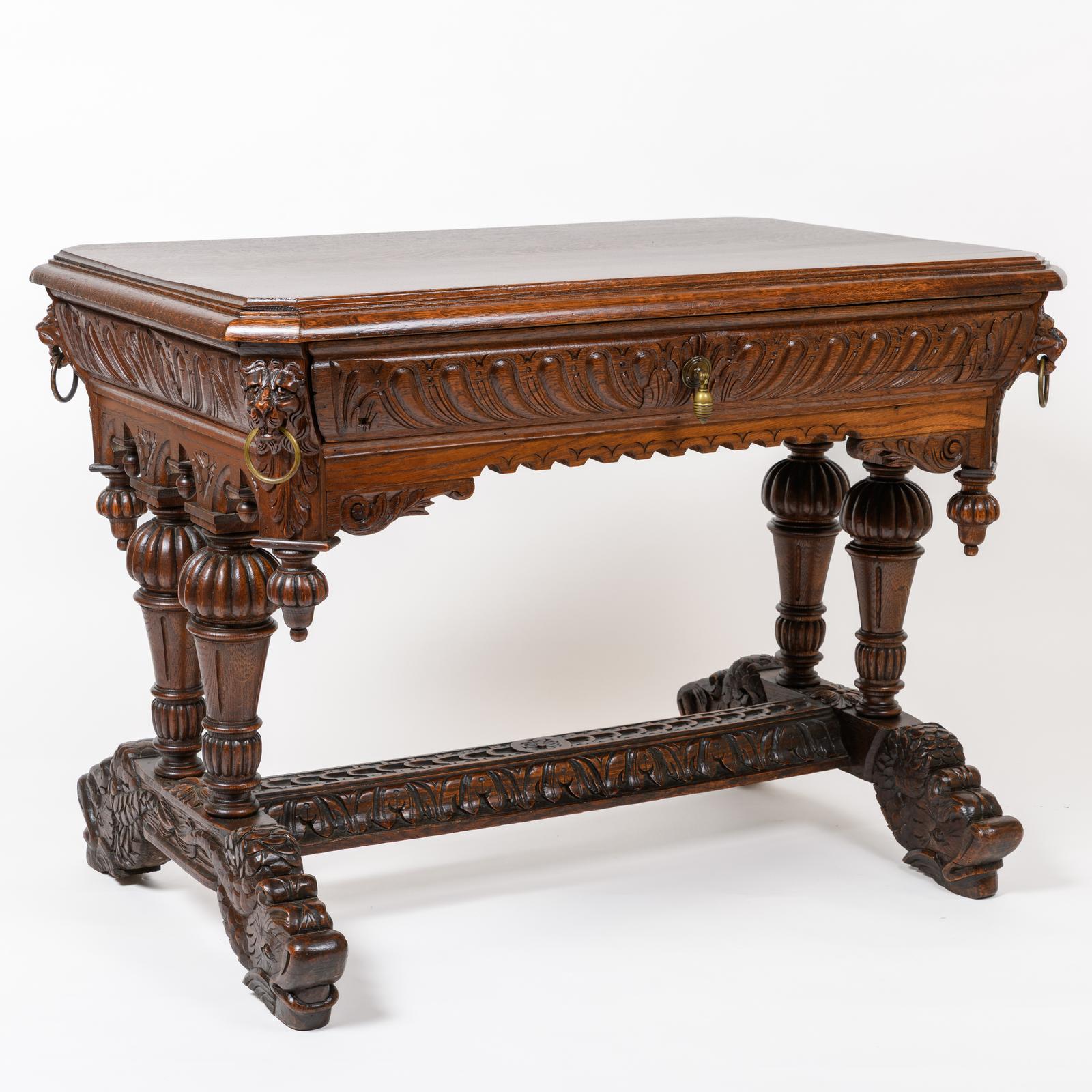 Italian 19th Century Gothic Renaissance Revival Carved Oak Table (1 of 22)