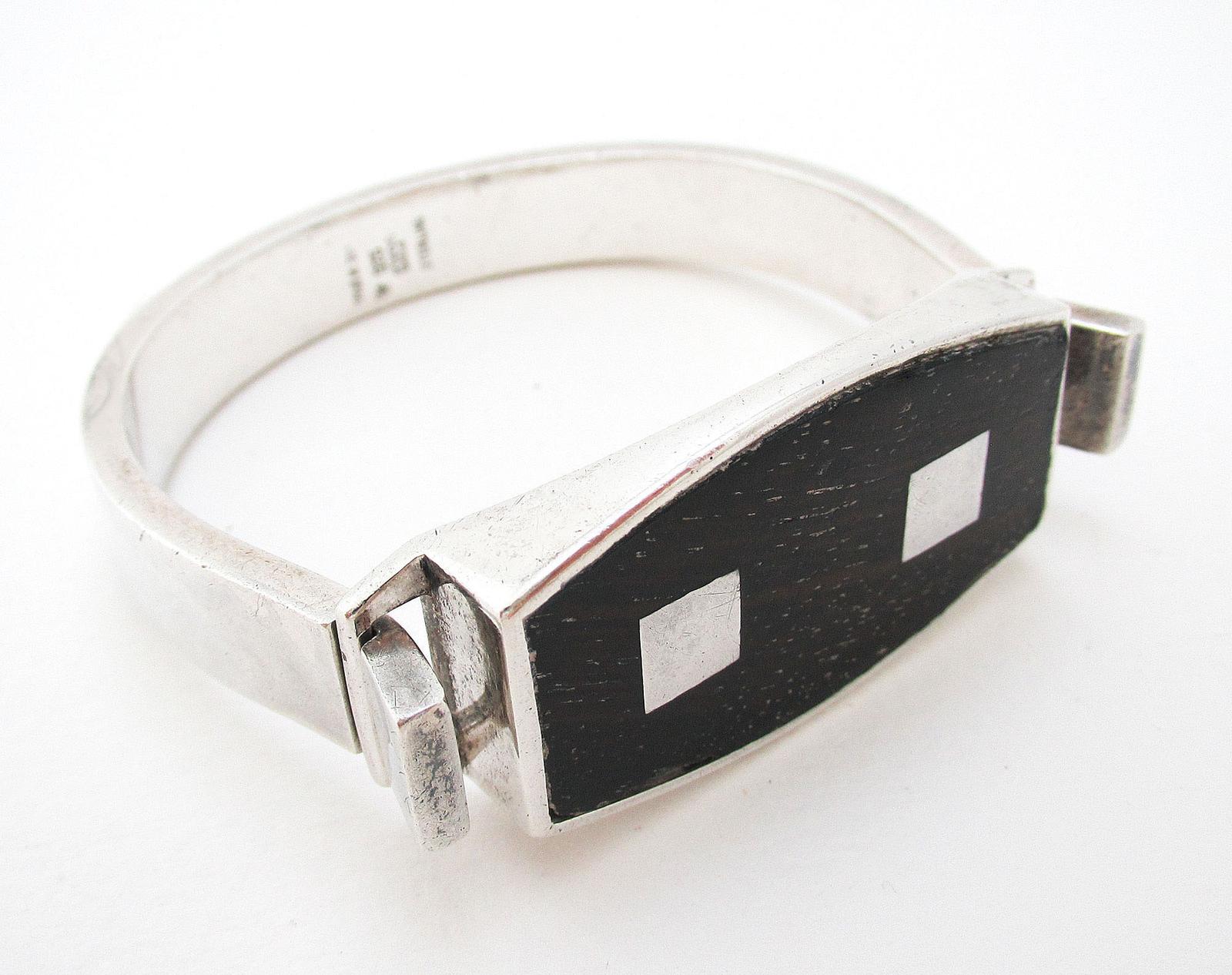 Spanish Vintage Puig Doria Solid Sterling Silver & Ebony Wood Modernist Brutalist Bangle Bracelet (1 of 6)
