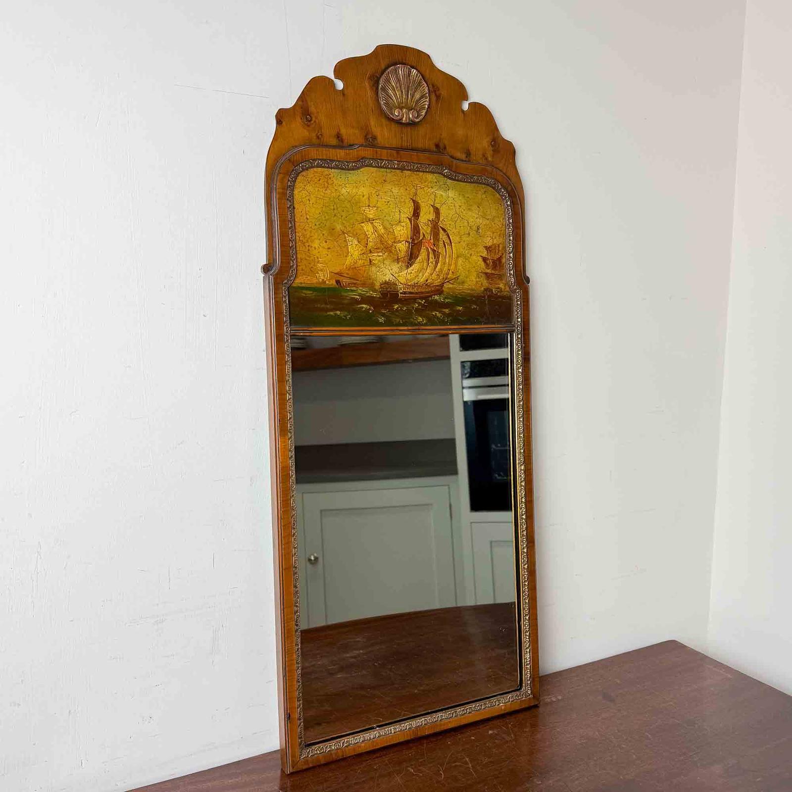 Queen Anne Revival Yew Wood Mirror with Maritime Scene (1 of 11) Queen Anne Revival Yew Wood Mirror with Maritime Scene (1 of 11)