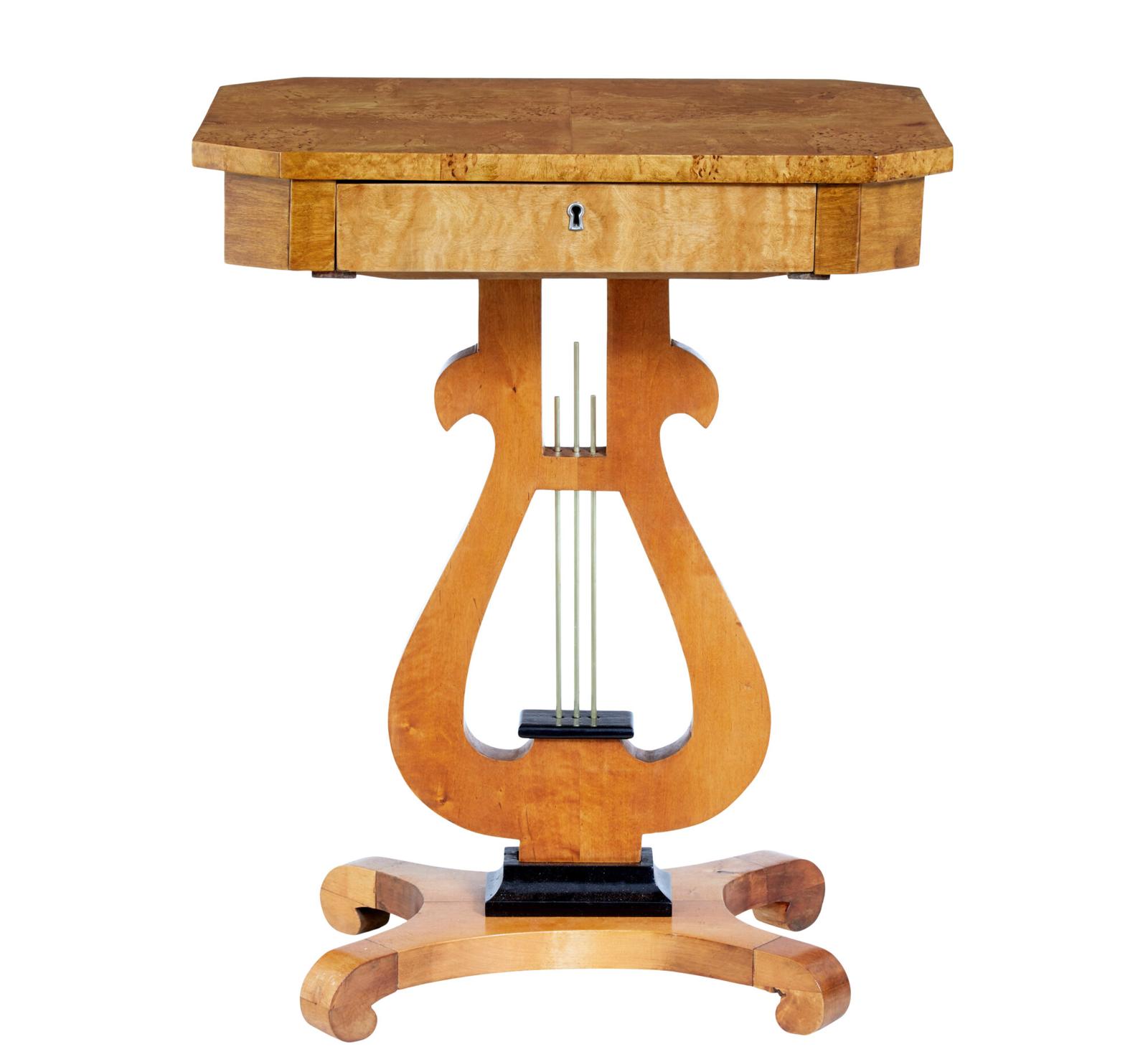 19th Century Birch & Burr Lyre Side Table (1 of 8)