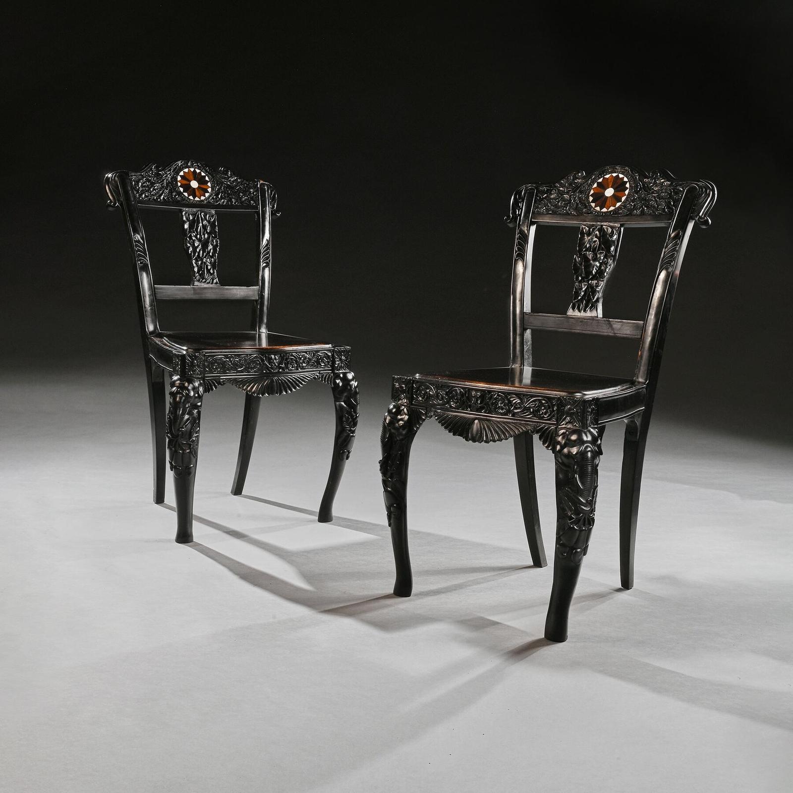 Pair of Ceylonese 19th Century Carved Ebony Side Chairs with Specimen Inlay Galle District (1 of 11)