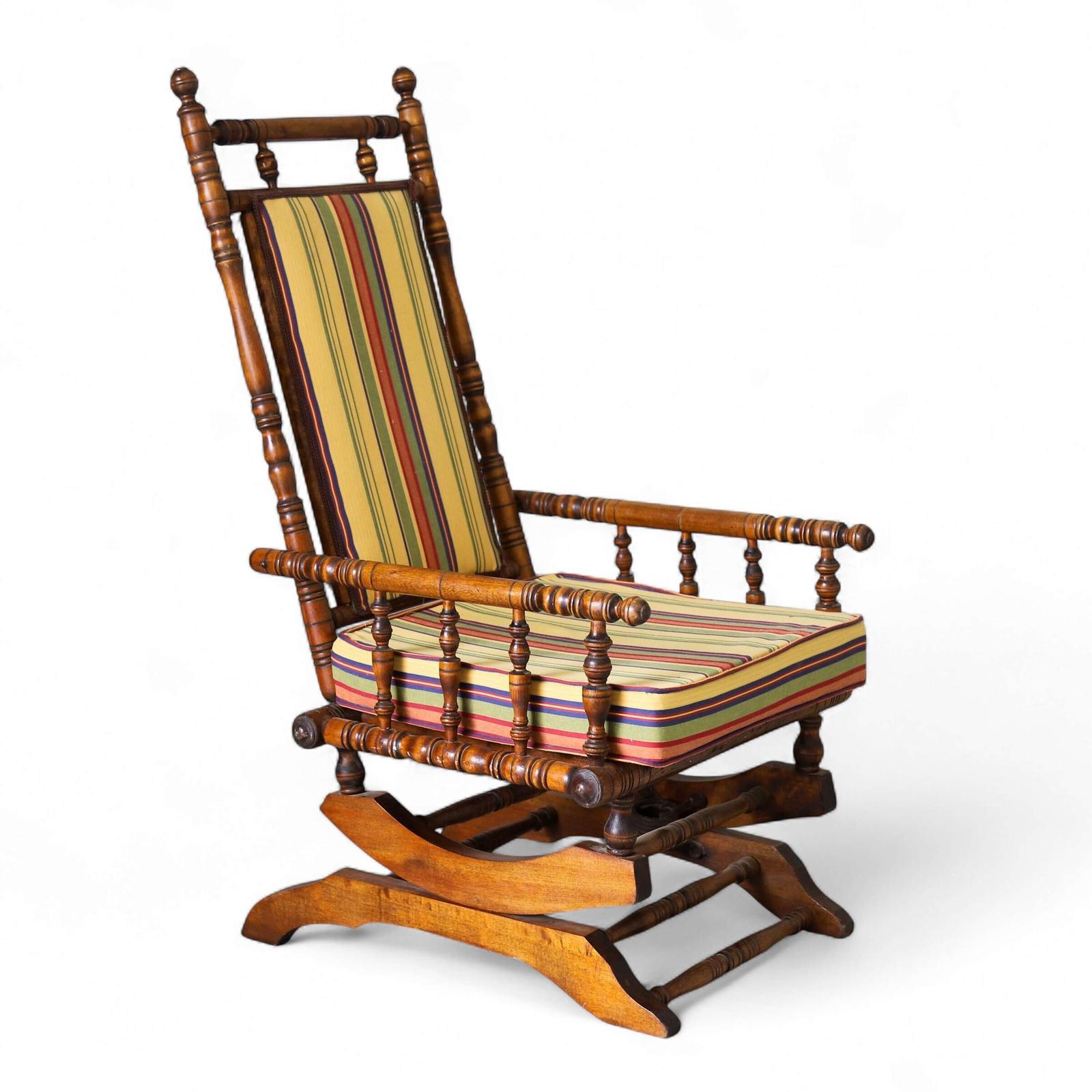 Early 20th Century French Bobbin Rocking Chair with Colourful Striped Upholstery (1 of 11)