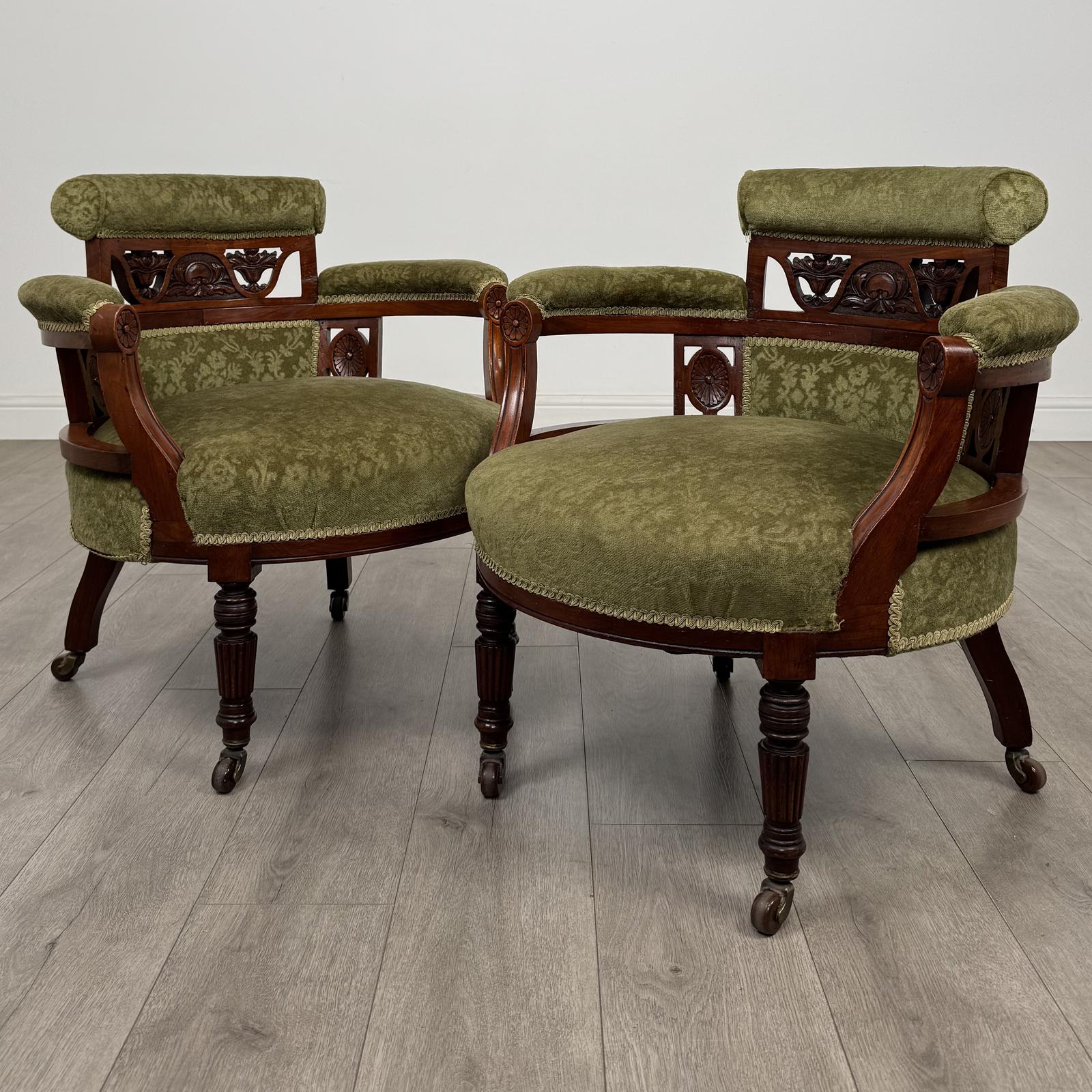 Antique 20th Century Edwardian Pair Of Tub Chairs In Walnut (1 of 15) Antique 20th Century Edwardian Pair Of Tub Chairs In Walnut (1 of 15)