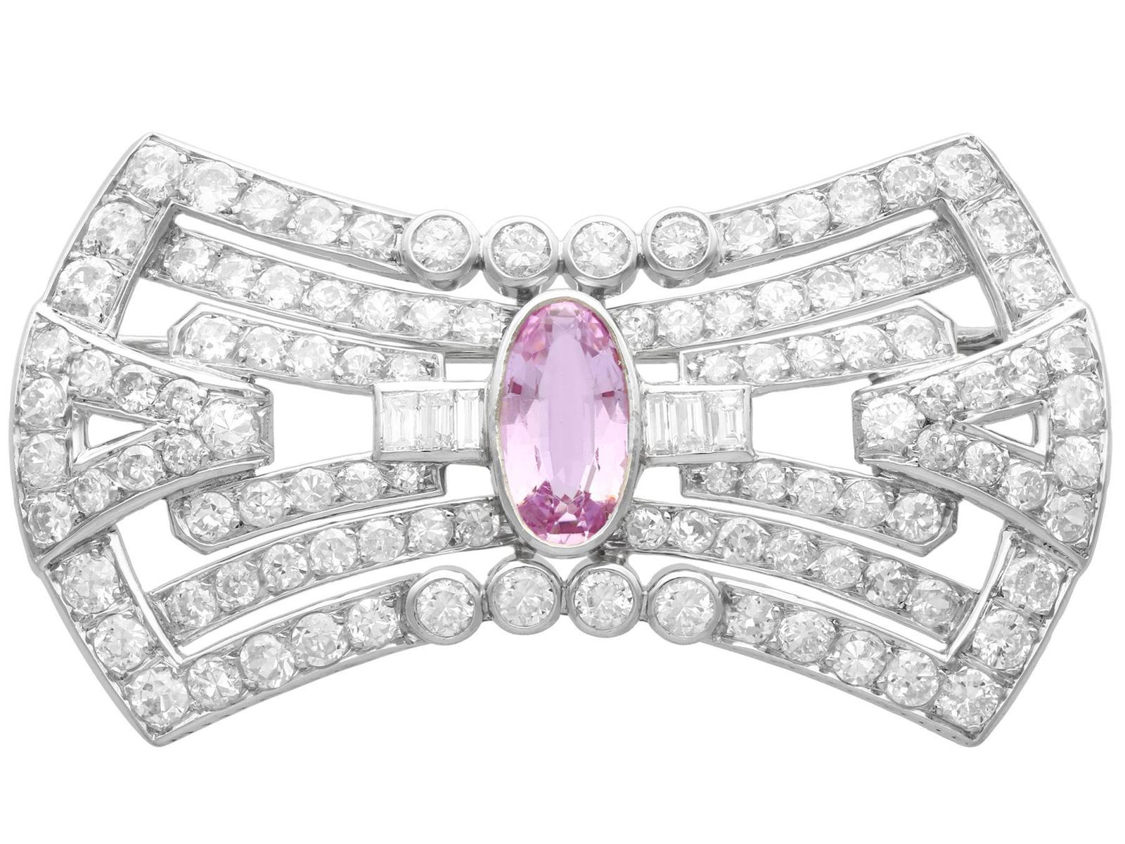 3.08ct Pink Topaz and 7.02ct Diamond and Platinum Brooch - Antique (1 of 9)