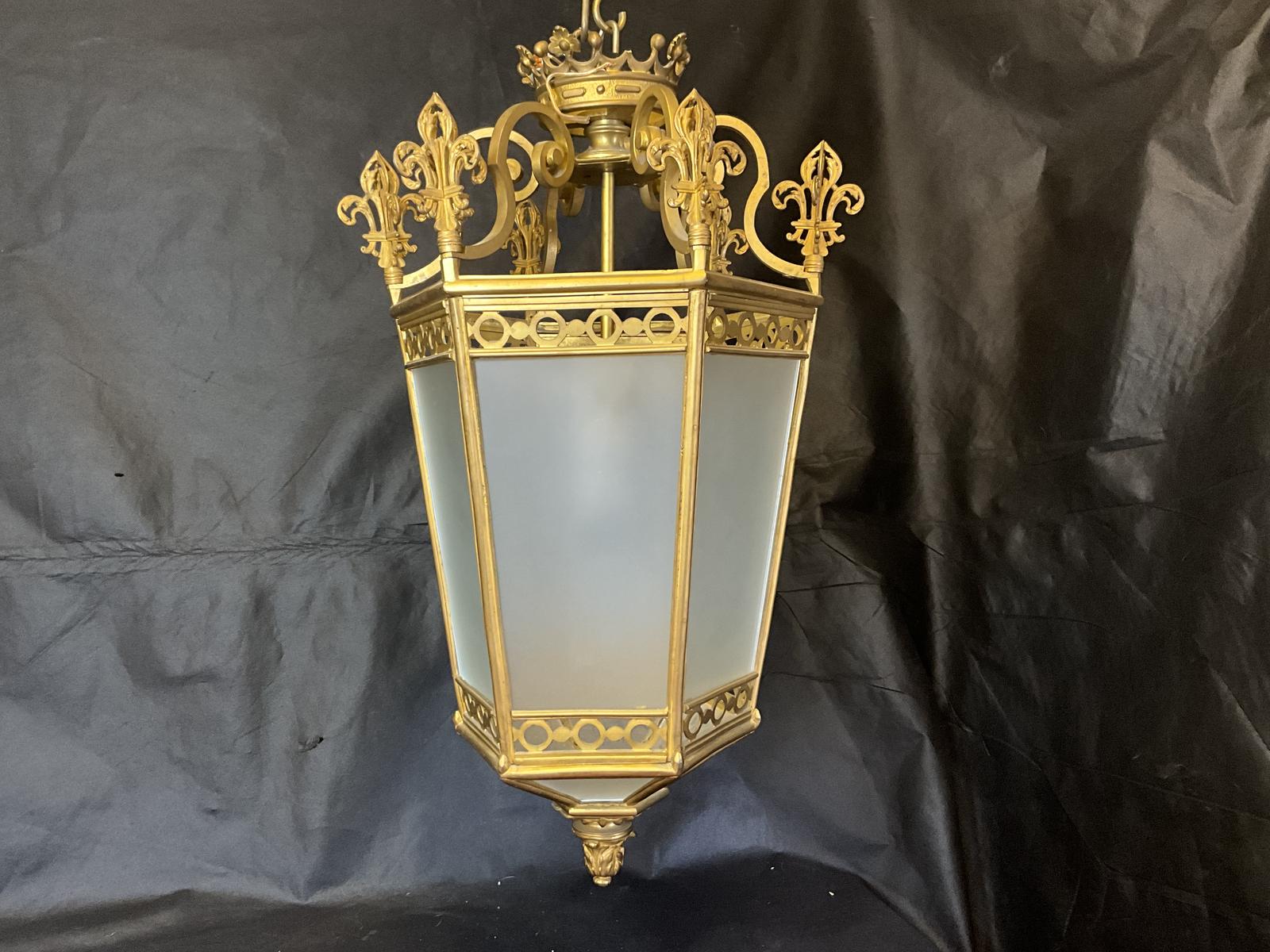 French Brass Hall Lantern with Six Opaque Glass Sides c.1900 (1 of 22)