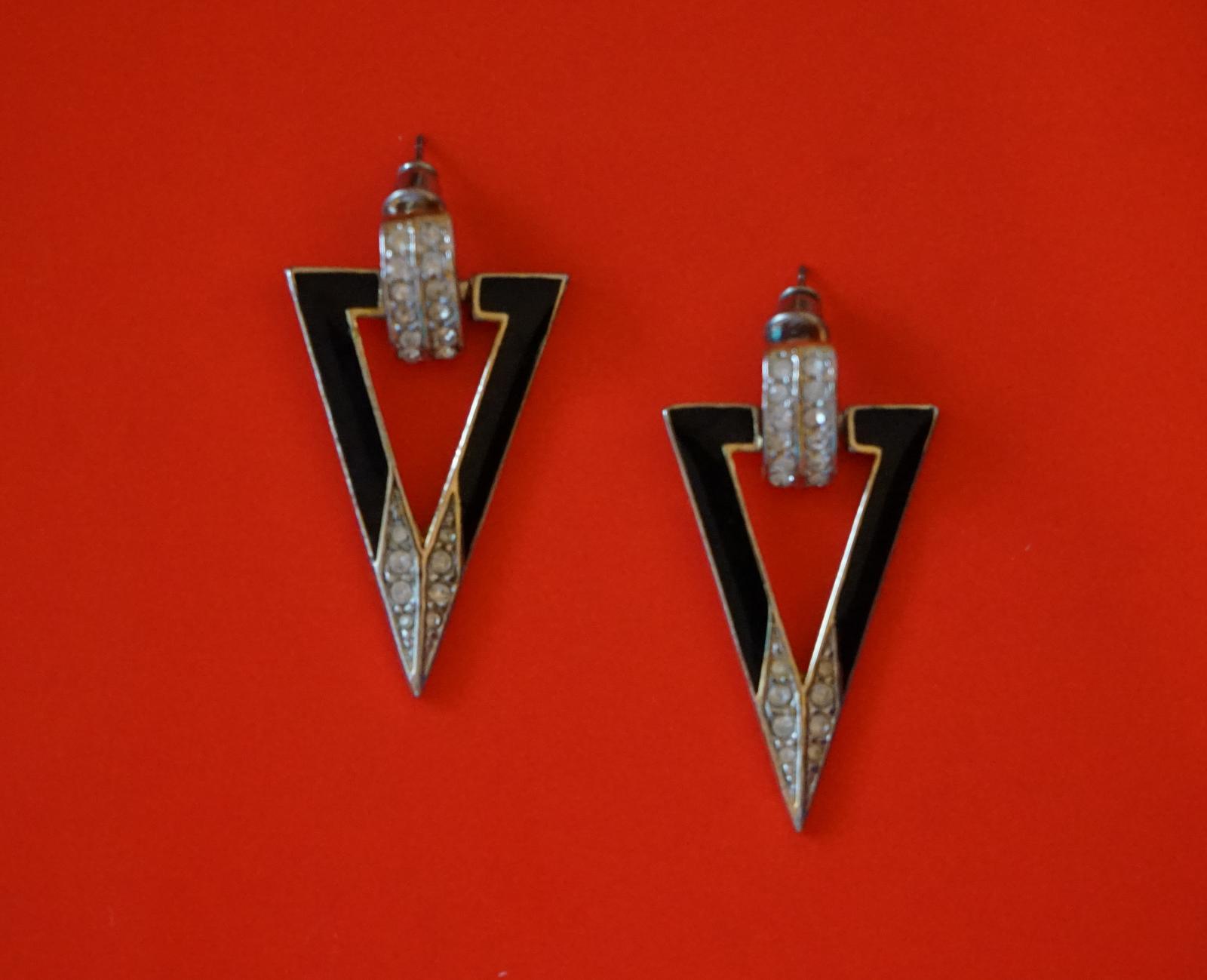 Pair of Black Enamel & Rhinestone Dangly Art Deco Earrings (1 of 5) Pair of Black Enamel & Rhinestone Dangly Art Deco Earrings (1 of 5)