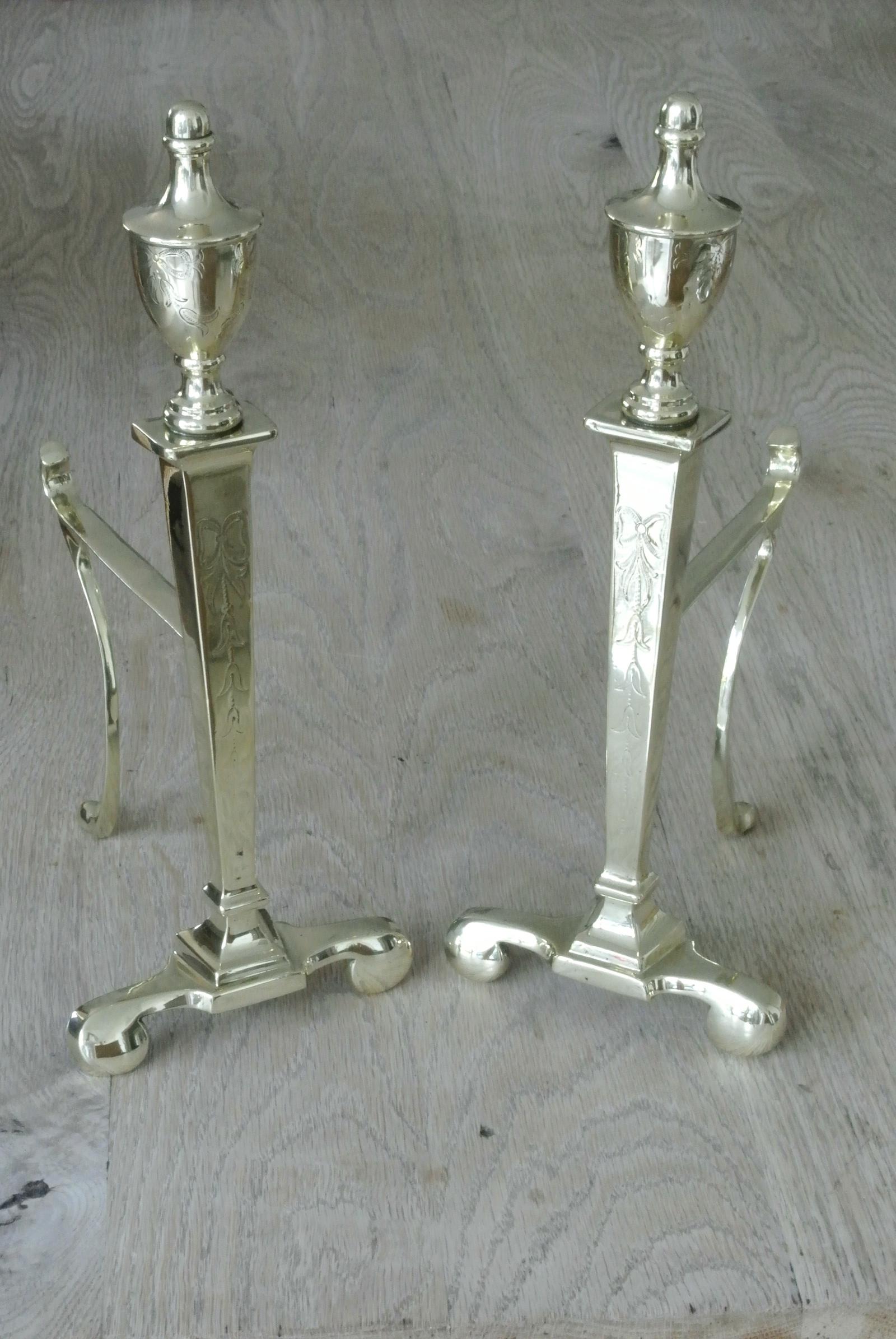 Quality Pair of Large Edwardian Adam Style Urn Brass Fire Dogs Fire Iron Rest Andirons c.1905-1910 (1 of 8)