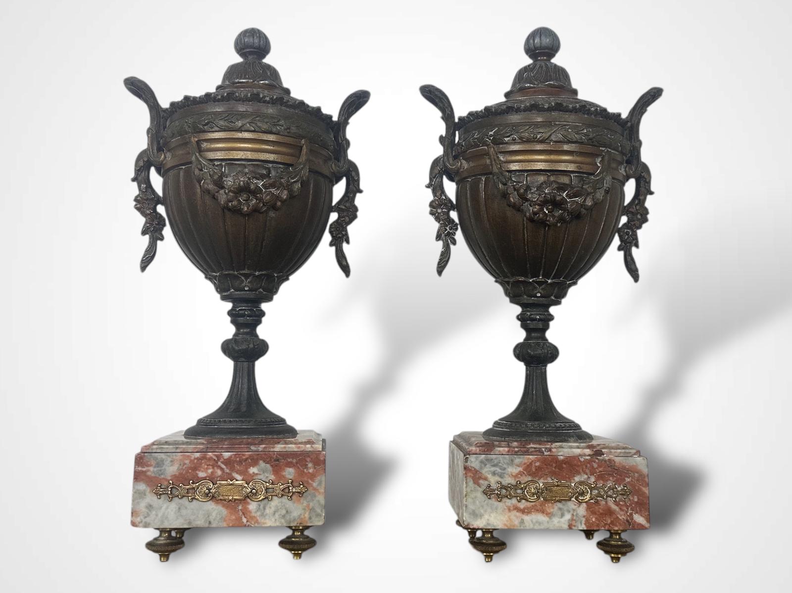 Pair of French Spelters Urns on Marble Bases (1 of 11)