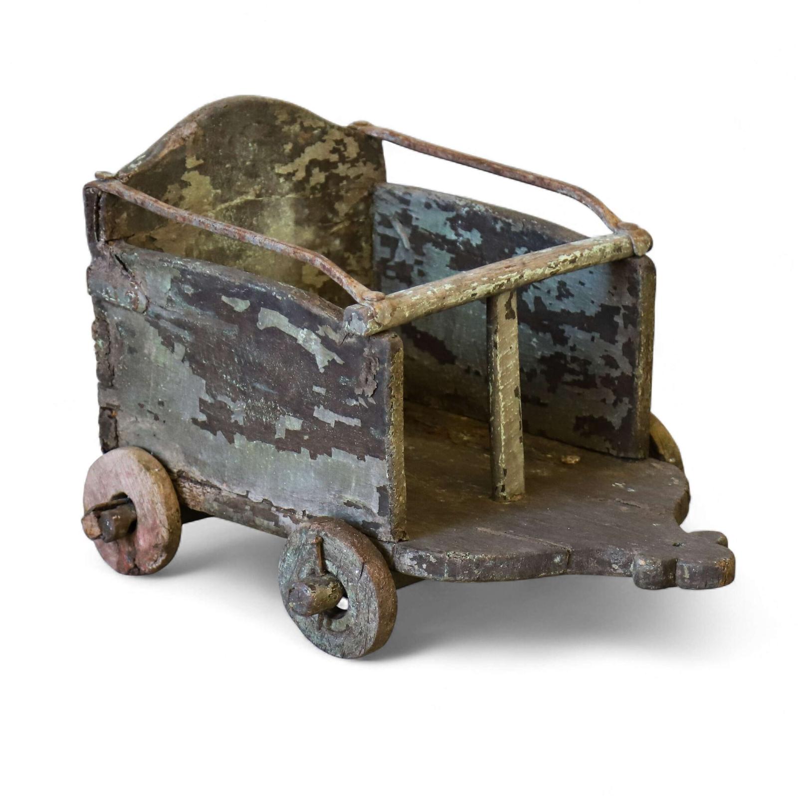French Early 20th‑Century Folk Art Child’s Pull‑Along Cart with Handmade Wheels (1 of 8)