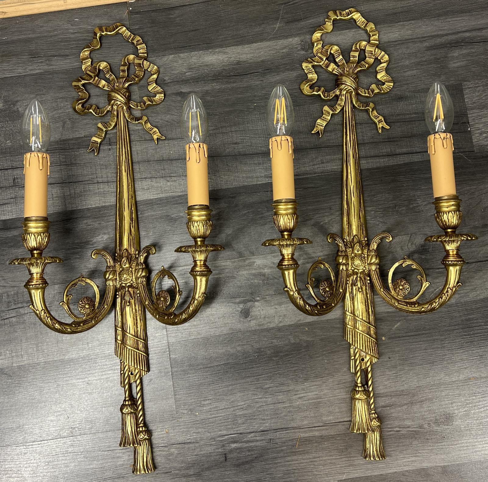 Pair of Wall Lights Vintage French Brass Ribbon & Tassel Sconces (1 of 12)