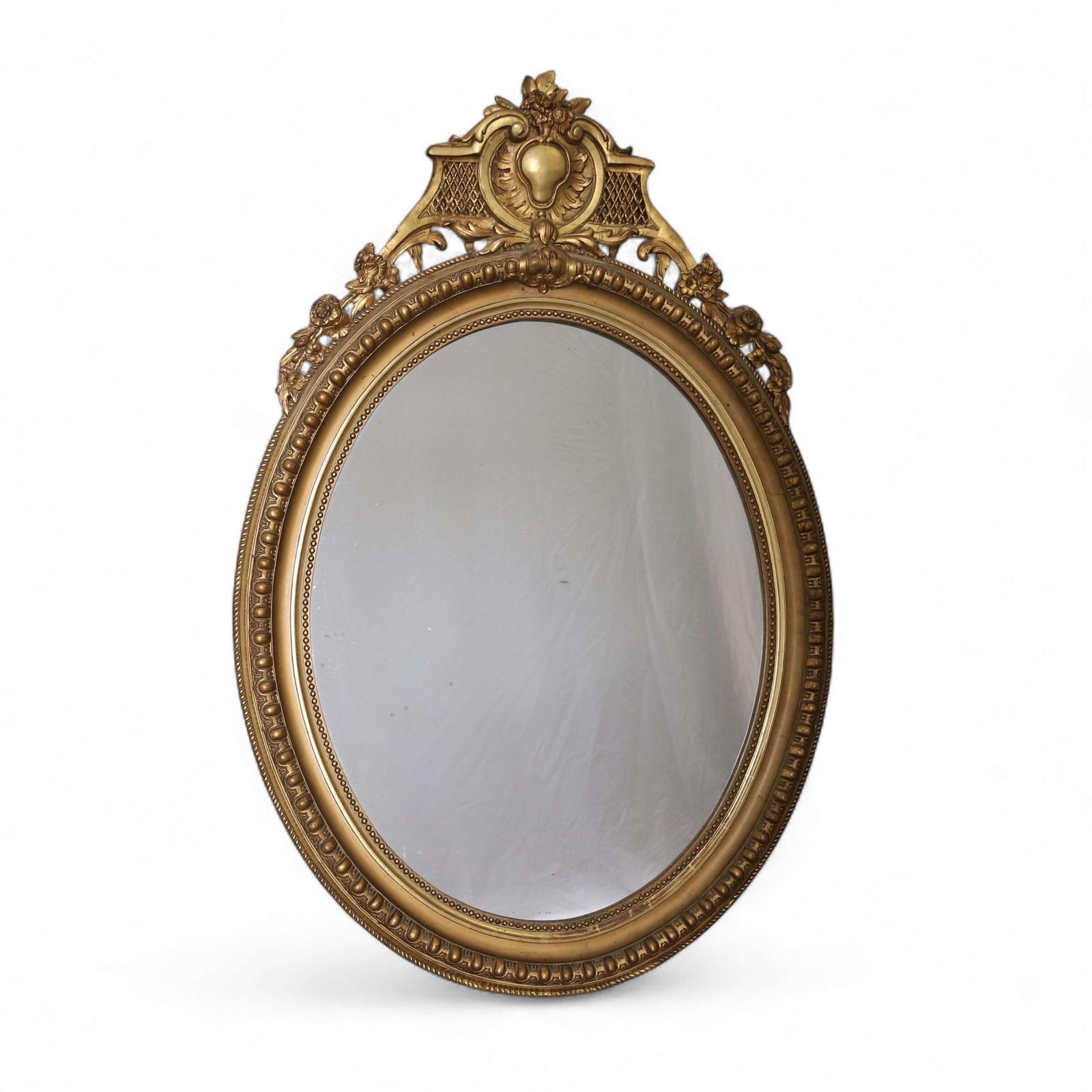 19th C French Napoleon III Water‑Gilded Oval Mirror, Beaded Moulding & Crest (1 of 13)