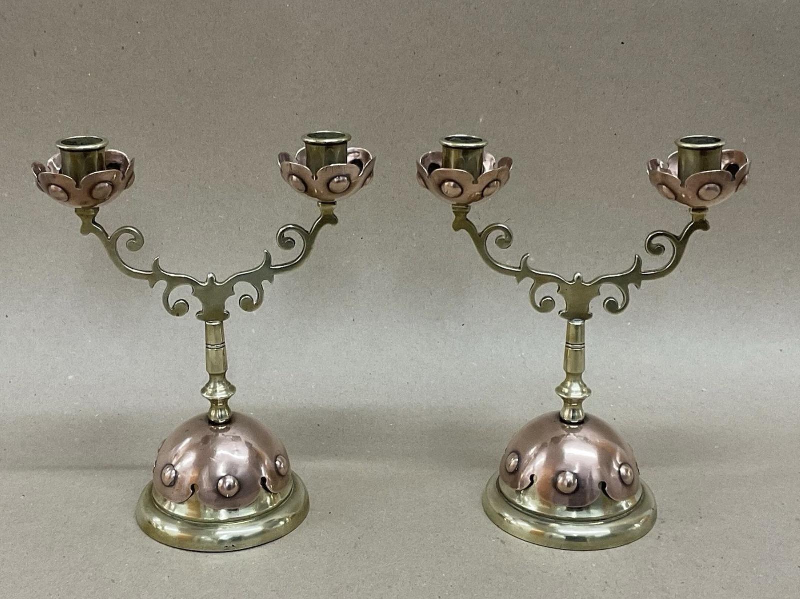 Pair of Arts & Crafts Copper + Brass Two Branch Candelabra WAS Benson Style Antique Victorian c.1890 (1 of 6) Pair of Arts & Crafts Copper + Brass Two Branch Candelabra WAS Benson Style Antique Victorian c.1890 (1 of 6)