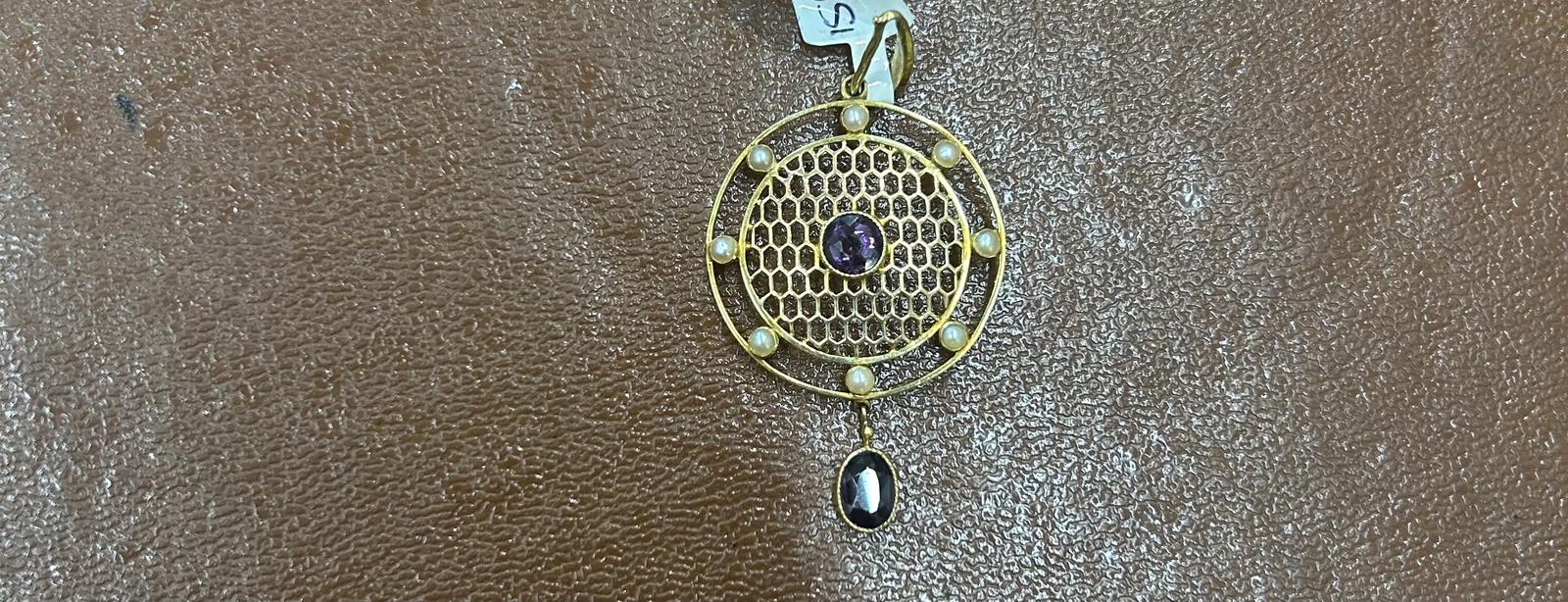 Victorian 15ct Amethyst + Pearl Pendant (1 of 2)