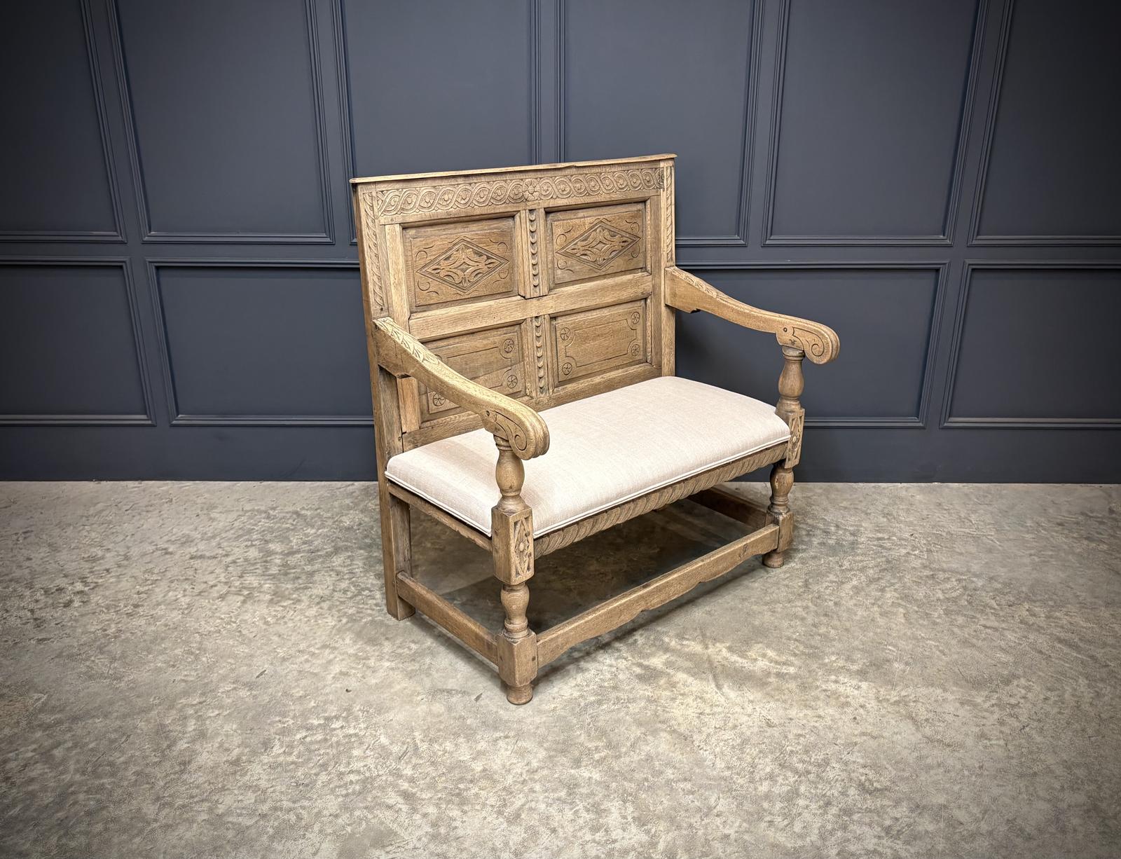 18th Century Carved Bleached Oak Bench (1 of 12)