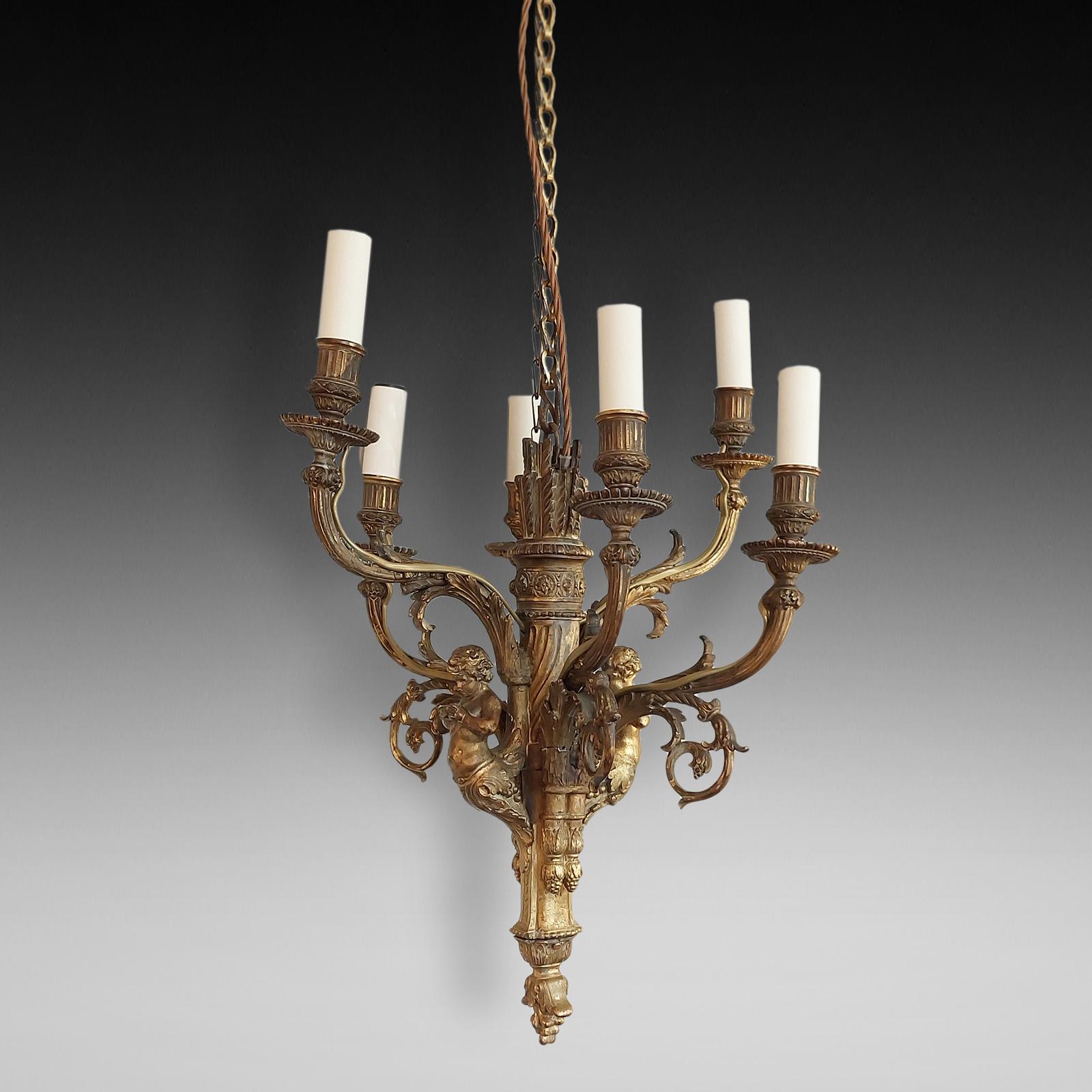 Early 20th Century 6 Arm Gilt Metal Chandelier (1 of 10)