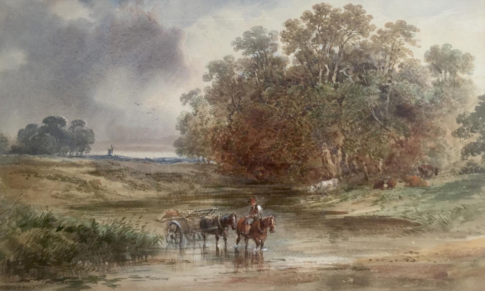 Alfred Vickers Watercolour Horse & Cart Crossing - River with Cattle Resting on The River Bank (1 of 2)