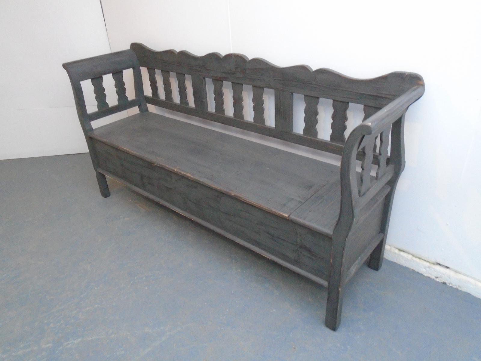 Grey & Black Painted Antique Pine 3 Seater Box Settle / Bench (1 of 9)