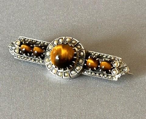 Large Edwardian Silver, Tiger's Eye & Seed Pearl Brooch (1 of 5)