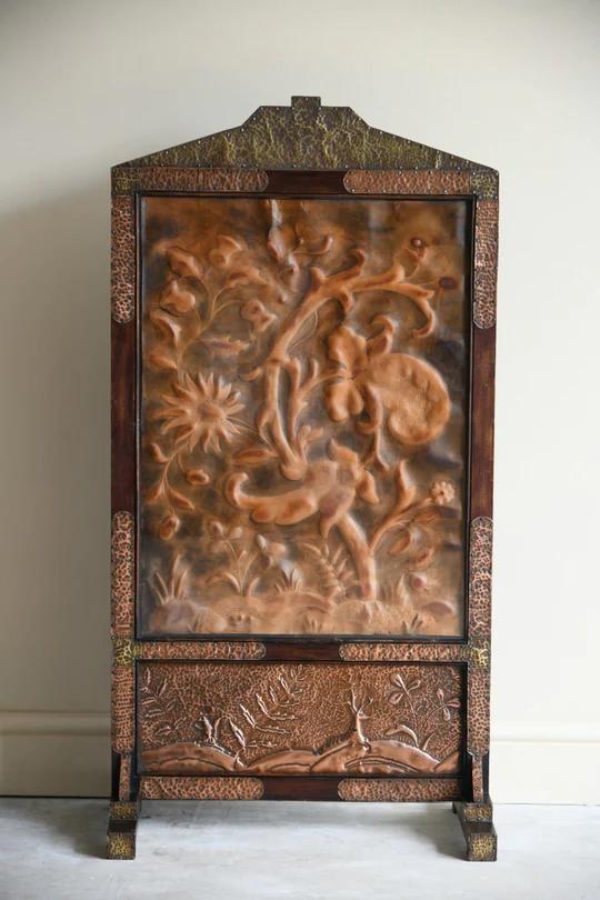 Arts & Crafts Copper & Tooled Leather Fire Screen (1 of 10)