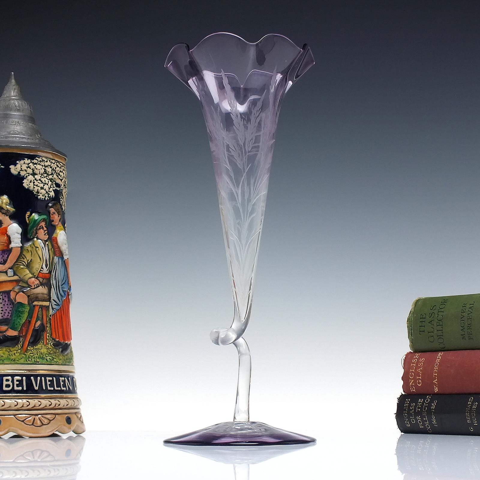 Art Nouveau Engraved Amethyst Glass Trumpet Stem Vase c.1890 (1 of 7)