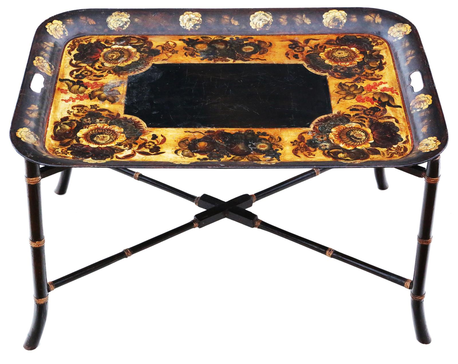 Antique Quality Victorian 19th Century Decorated Black Lacquer Coffee Table Tray on Stand (1 of 4) Antique Quality Victorian 19th Century Decorated Black Lacquer Coffee Table Tray on Stand (1 of 4)