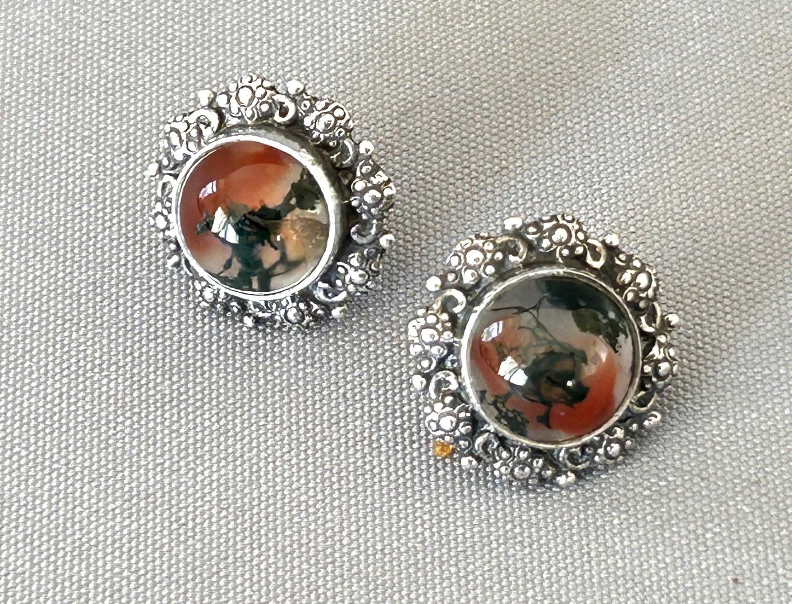 Pair of Bernard Instone Edwardian Silver & Moss Agate Earrings (1 of 5)