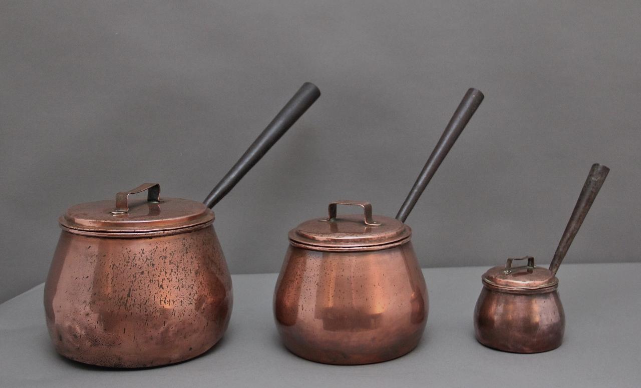 Set of Three Victorian Copper Saucepans (1 of 8) Set of Three Victorian Copper Saucepans (1 of 8)