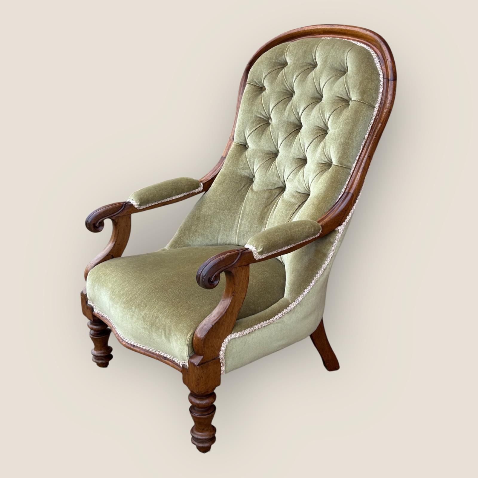 Antique Victorian Green Button Back Mahogany Armchair With Turned Legs (1 of 7)